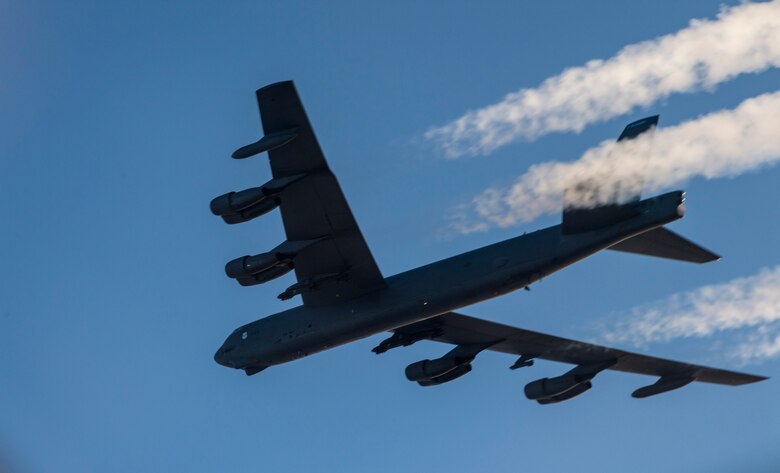 A U.S. Air Force 2nd Bomb Wing B-52H Stratofortress soars across the Norwegian sky during training and integration with the Norwegian Air Force in support of Bomber Task Force Europe 20-1, Nov. 6, 2019. This deployment allows aircrews and support personnel to conduct theater integration and to improve bomber interoperability with joint partners and allied nations. (U.S. Air Force photo by Tech. Sgt. Christopher Ruano)