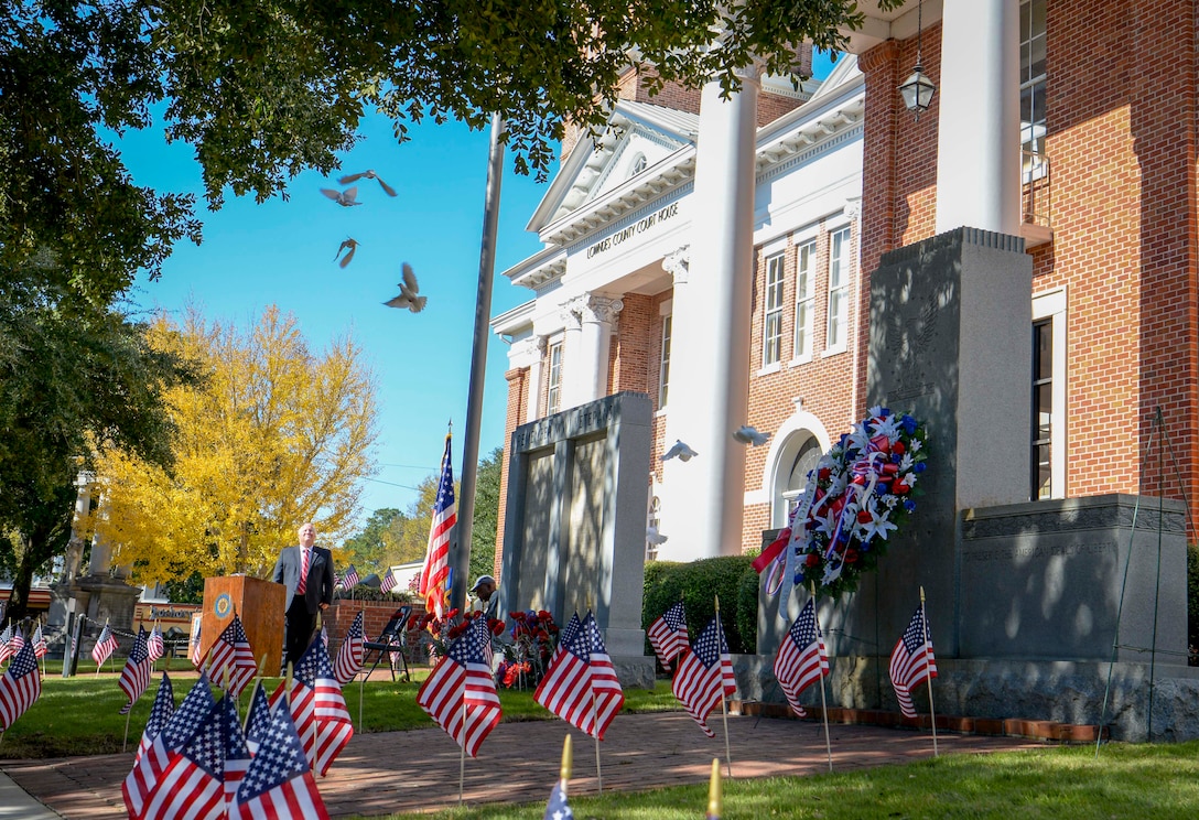 Doves fly away after being released during the Columbus Veterans Day Ceremony Nov. 9, 2019, in Columbus, Miss. Columbus held a parade and ceremony to honor veterans. (U.S. Air Force photo by Tech. Sgt. Christopher Gross)