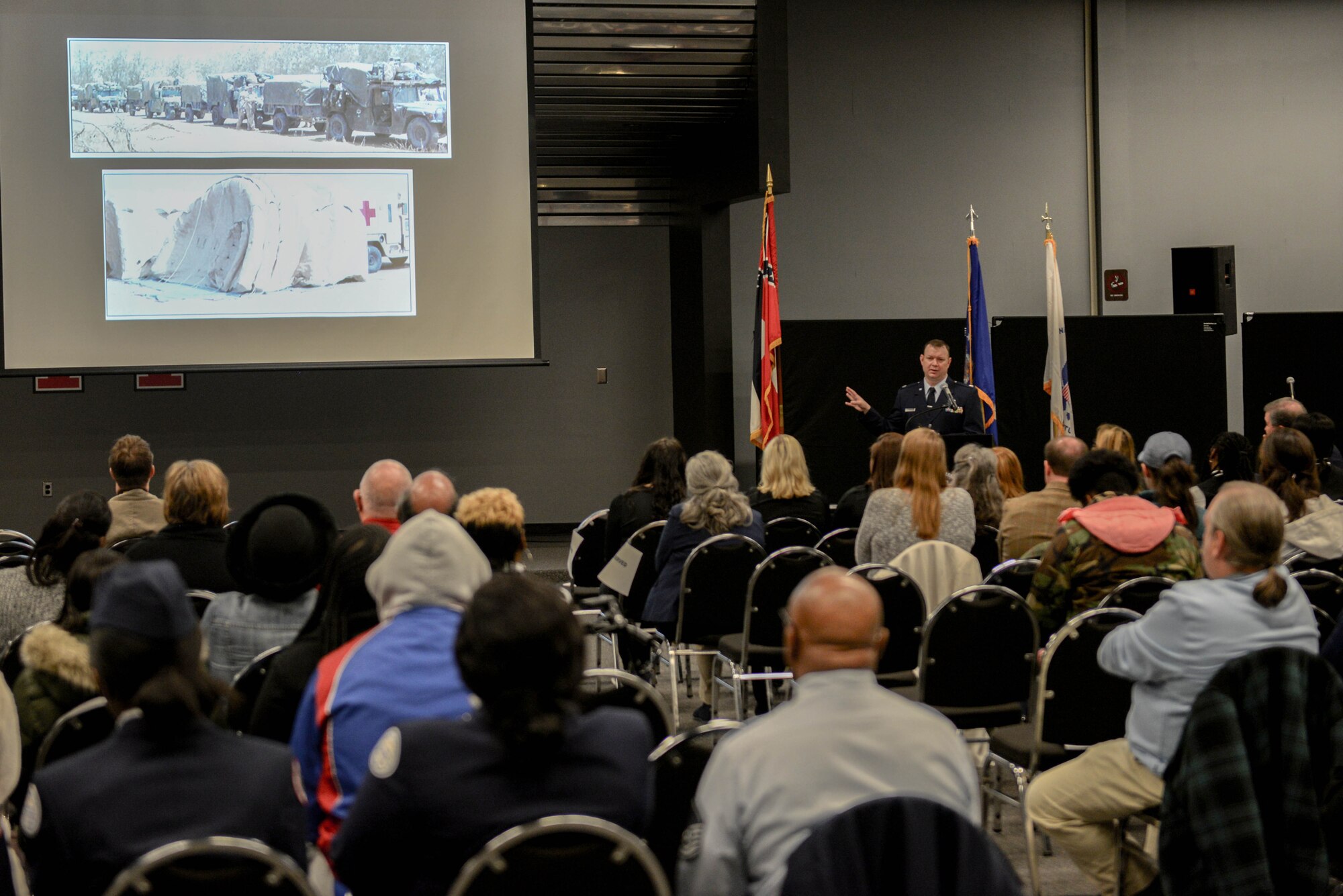 Lt. Col. Christopher Kelly, 14th Medical Group chief nurse, speaks to students at East Mississippi Community College in Columbus, Miss., Nov. 12, 2019. Kelly informed the students about the history of medics in the military and the advancements that have been made. (U.S. Air Force photo by Airman Davis Donaldson)