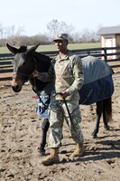Blackjack's handler, Sgt. Amir Bullock, information technology specialist, 1st Theater Sustainment Command, leads Blackjack on a walk around the arena during a visit to the mascot's home in Simpsonville, Ky. on Nov. 13, 2019.