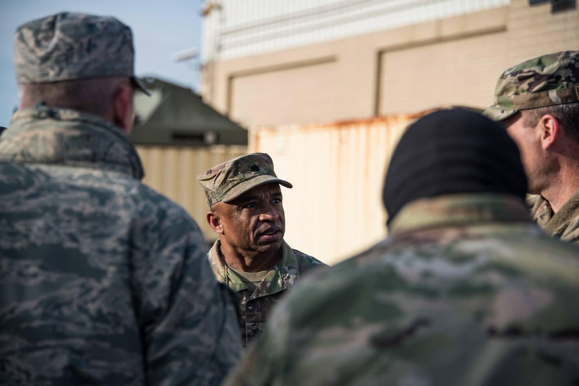 U.S. Army Lt. Col. Garland Pennington, Delaware Army National Guard Joint Operations Center director, briefs leaders on Total Force/Joint Training Exercise Diamond Wing at Dover Air Force Base, Del., Nov. 14, 2019. The National Guard is prepared with highly-trained professionals and state-of the-art equipment to respond and support incident commanders in any disaster scenario, and training like Diamond Wing allows the Delaware Guard to showcase the capabilities of Citizen Guardsmen. (U.S. Air National Guard Photo by Mr. Mitchell Topal)