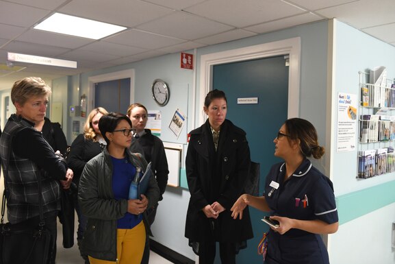 Liberty Wing spouses attend a hospital tour as part of a nurse recruitment event at West Suffolk Hospital, England, Oct. 22. Stemming from the 48th Fighter Wing and National Health Service's partnership, the hospital will begin interviewing, training, and hiring the spouses to provide additional personnel for nursing rotations. (U.S. Air Force photo by Airman 1st Class Anthony Clingerman)