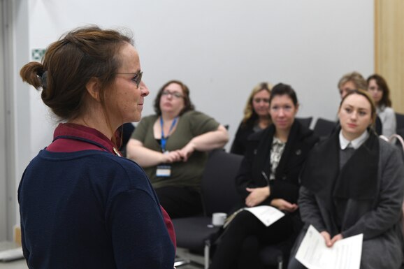 Liberty Wing spouses participate in a group discussion as part of a nurse recruitment event at West Suffolk Hospital, England, Oct. 22. The hospital's program will ease the nursing recertification burden for U.S. Air Force dependents stationed in the United Kingdom who are  seeking employment. (U.S. Air Force photo by Airman 1st Class Anthony Clingerman)