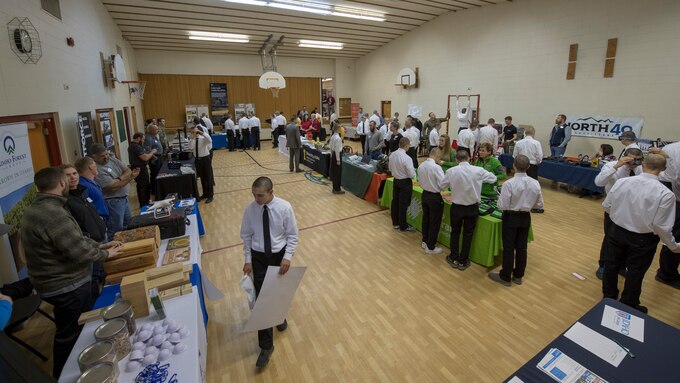 Airmen, Soldiers, and civilian employers participate in an Idaho Youth Challenge Academy Career Day in Pierce, Idaho, Nov. 7, 2019. The career day included one-on-one mock interviews and booths from various employers from the state of Idaho. (U.S. Air National Guard photo by Senior Master Sgt. Joshua C. Allmaras)