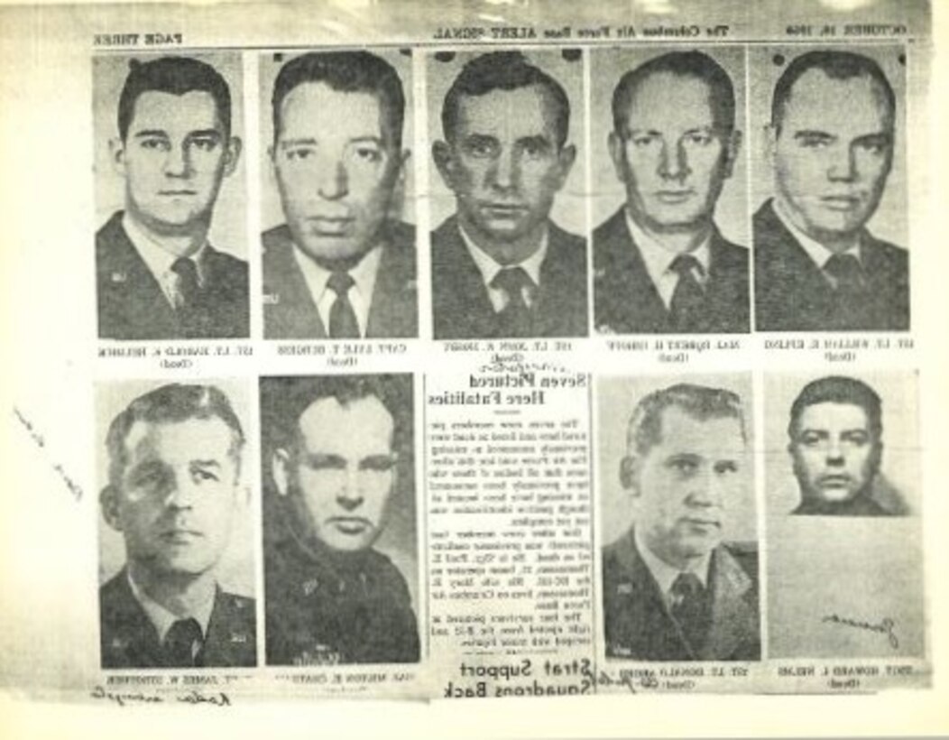 The Columbus Air Force Base newspaper in 1959 identified some of the Airmen involved in a crash from 1959. During this time the U.S. was in the competitive Cold War with the Soviet Union to be the indomitable force of nuclear power; and as part of the feud, Columbus Air Force Base, Mississippi, fed the fight by flying bombing missions as the 4228th Strategic Wing. On Oct. 15, 1959, eight Airmen assigned to Columbus AFB paid the ultimate price on one of their missions. (Courtesy photo)