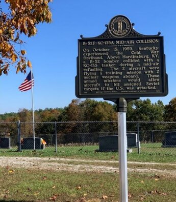 The roadside marker commemorating a crash from 1959. During this time the U.S. was in the competitive Cold War with the Soviet Union to be the indomitable force of nuclear power; and as part of the feud, Columbus Air Force Base, Mississippi, fed the fight by flying bombing missions as the 4228th Strategic Wing. On Oct. 15, 1959, eight Airmen assigned to Columbus AFB paid the ultimate price on one of their missions. (Courtesy photo)
