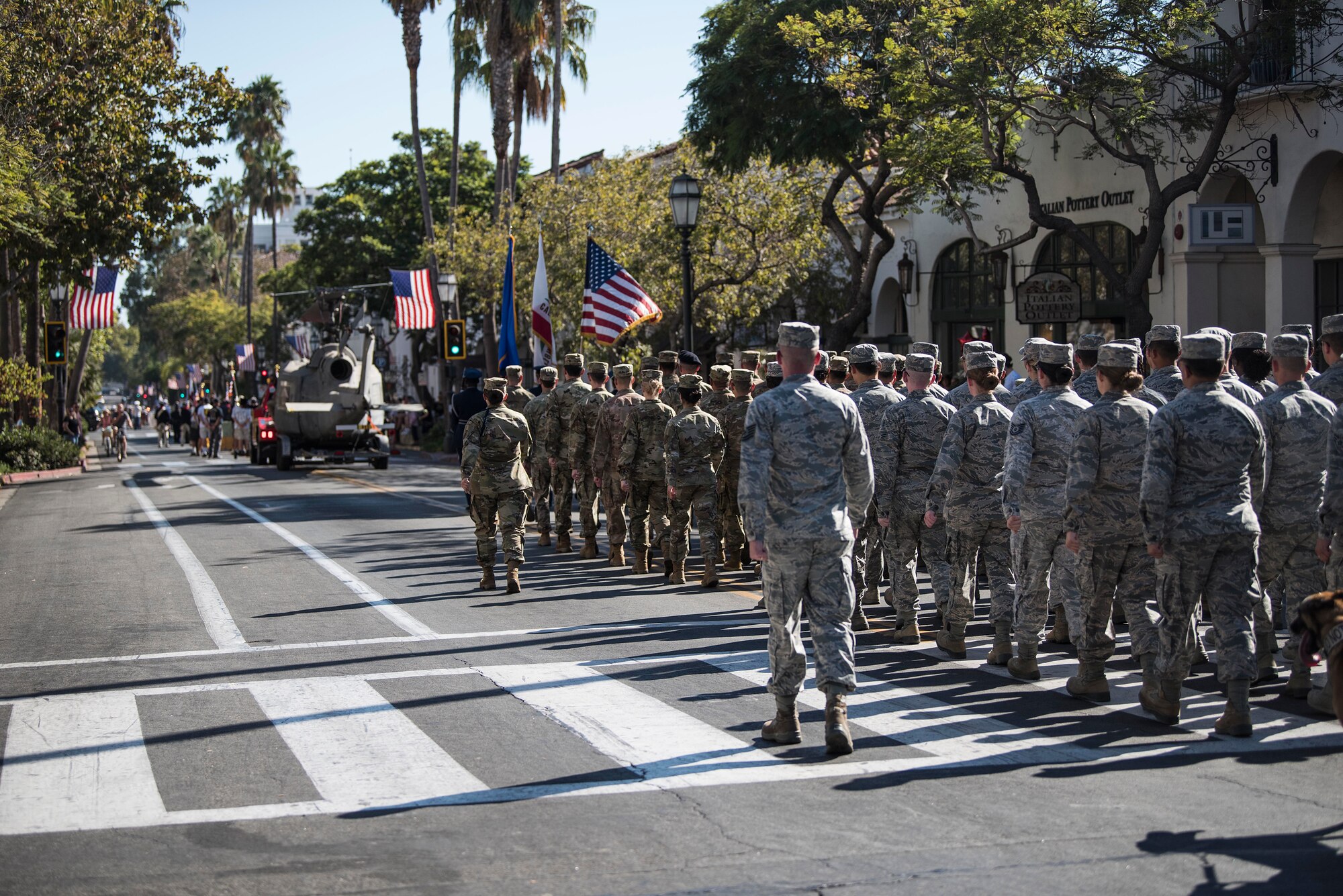 Service members from Vandenberg Air Force Base march during the Santa Barbara Veterans Day Parade Nov. 9, 2019, in Santa Barbara, Calif. During the parade, Vandenberg displayed two flights of Airmen, as well as Military Working Dogs, Military Working Horses, an honor guard team and a variety of military vehicles. (U.S. Air Force photo by Airman 1st Class Hanah Abercrombie)