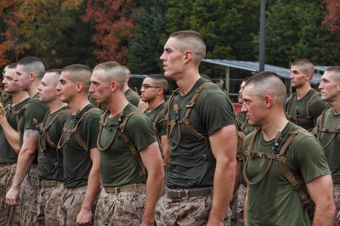 Noah Furbush, 24, a Marine Corps Officer Candidate, participates in physical training at Marine Corps Officer Candidates School in Quantico, Virginia, October 31, 2019. The exercise challenges candidates’ ability to navigate on land, give orders and execute the mission effectively. The mission of Officer Candidates School is to educate and train officer candidates in Marine Corps knowledge and skills within a controlled and challenging environment in order to evaluate and screen individuals for the leadership, moral and physical qualities required for commissioning as a Marine Officer.