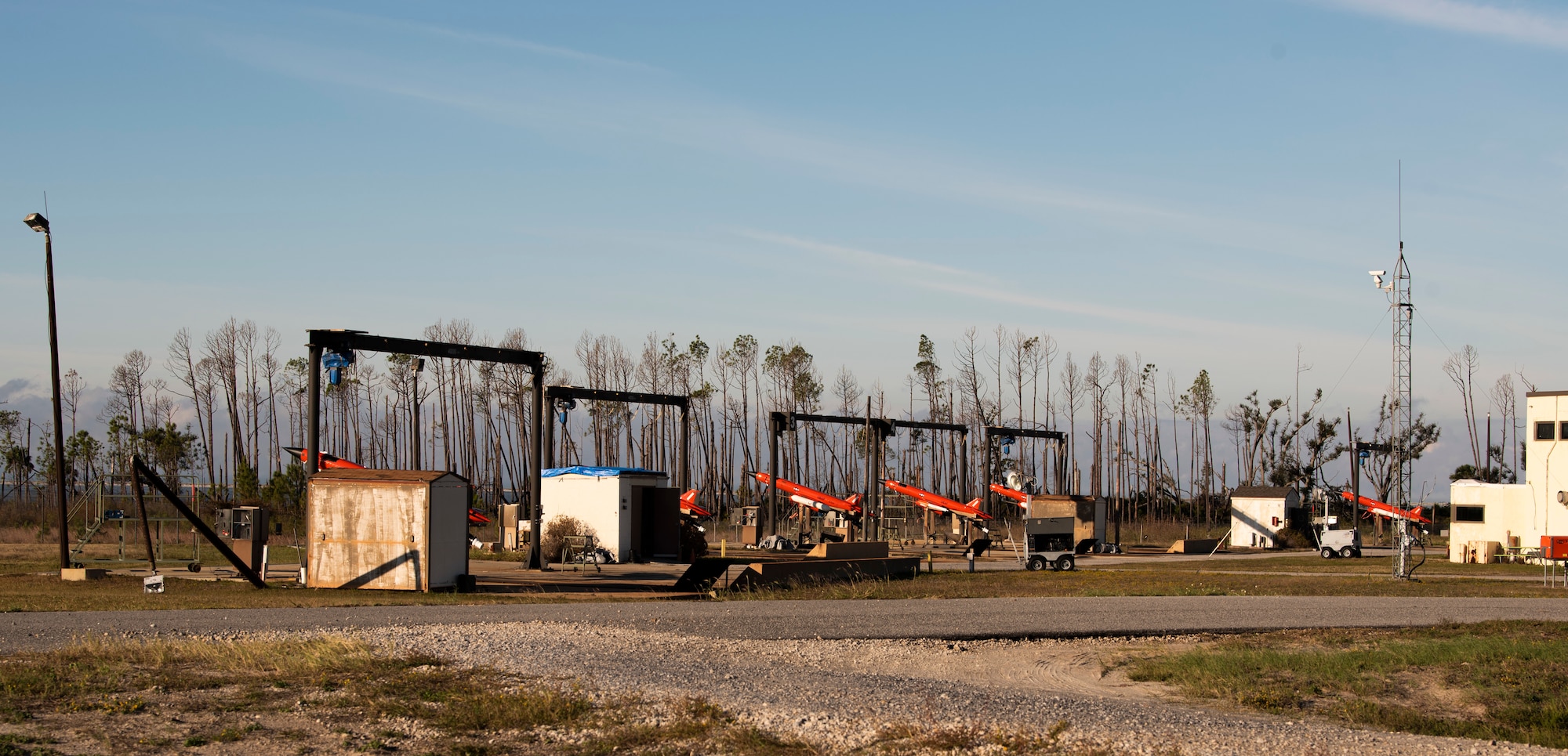 Several BQM-164 unmanned drones prepare to launch in support of exercise Checkered Flag 20-1 at Tyndall Air Force Base, Florida, Nov. 13, 2019. Checkered Flag is a large-scale exercise involving multiple military partners and installations, designed to focus on training and evaluating fourth and fifth-generation fighter aircraft, pilots and maintainers. In conduction with the exercise, air-to-air and air-to-ground combat operations are tested and recorded to provide data on best practices and ensuring future mission successes. (U.S. Air Force photo by Staff Sgt. Magen M. Reeves)