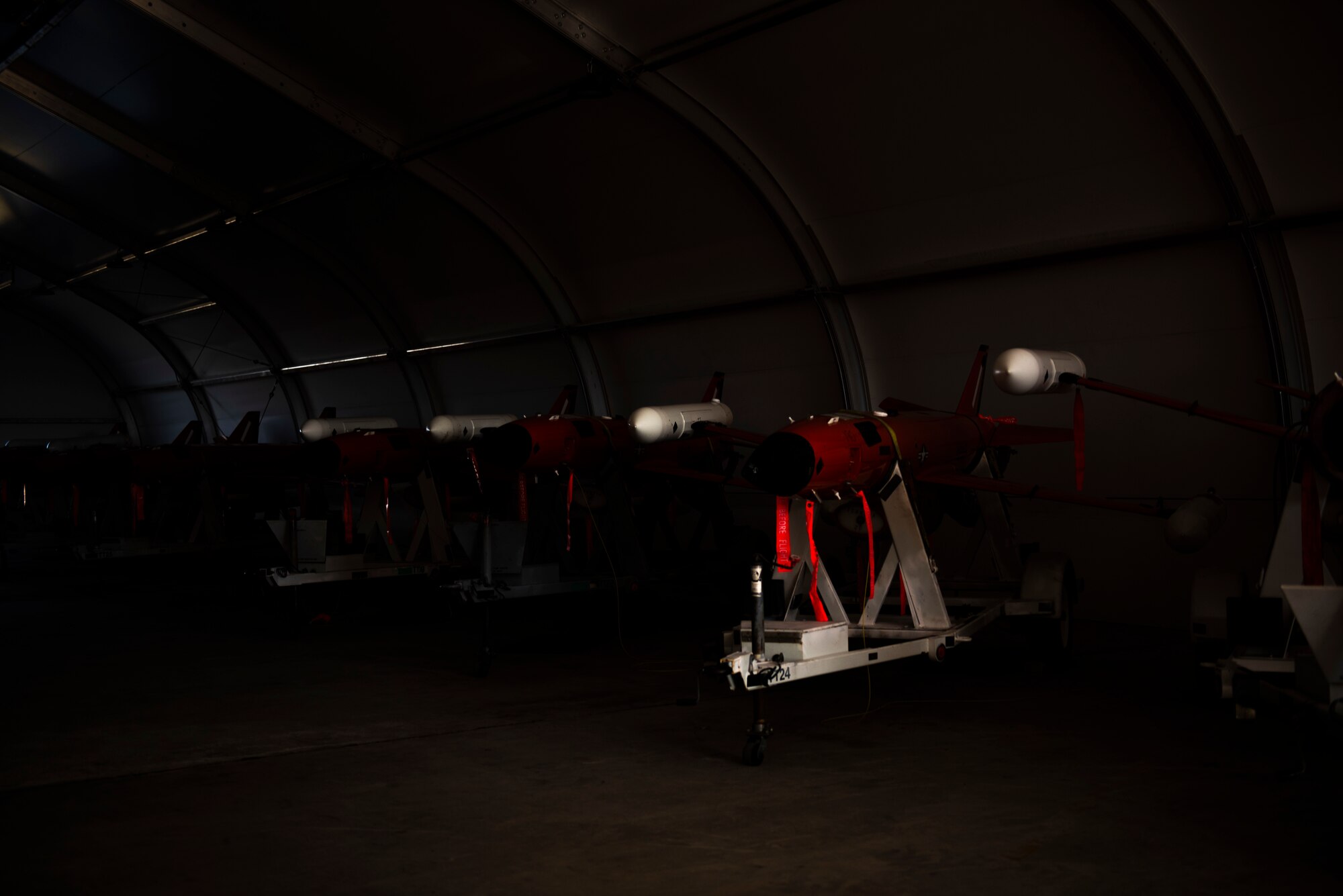 A series of BQM-164 unmanned drones are stored in a bunker prior to launch in support of exercise Checkered Flag 20-1 at Tyndall Air Force Base, Florida, Nov. 13, 2019. Checkered Flag is a large-scale exercise involving multiple military partners and installations, designed to focus on training and evaluating fourth and fifth-generation fighter aircraft, pilots and maintainers. In conduction with the exercise, air-to-air and air-to-ground combat operations are tested and recorded to provide data on best practices and ensuring future mission successes. (U.S. Air Force photo by Staff Sgt. Magen M. Reeves)