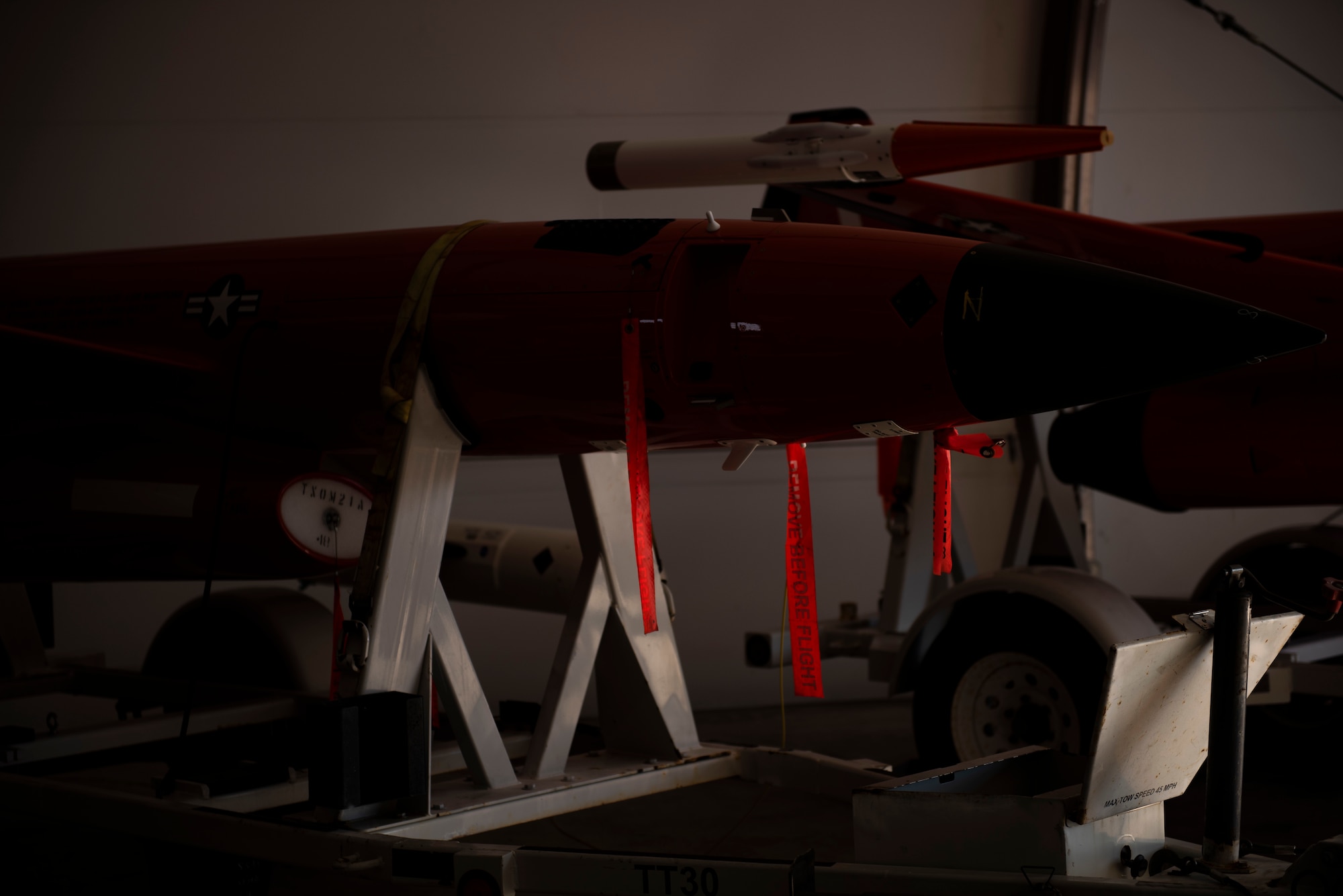 A BQM-164 unmanned drones is stored in a bunker prior to launch in support of exercise Checkered Flag 20-1 at Tyndall Air Force Base, Florida, Nov. 13, 2019. Checkered Flag is a large-scale exercise involving multiple military partners and installations, designed to focus on training and evaluating fourth and fifth-generation fighter aircraft, pilots and maintainers. In conduction with the exercise, air-to-air and air-to-ground combat operations are tested and recorded to provide data on best practices and ensuring future mission successes. (U.S. Air Force photo by Staff Sgt. Magen M. Reeves)