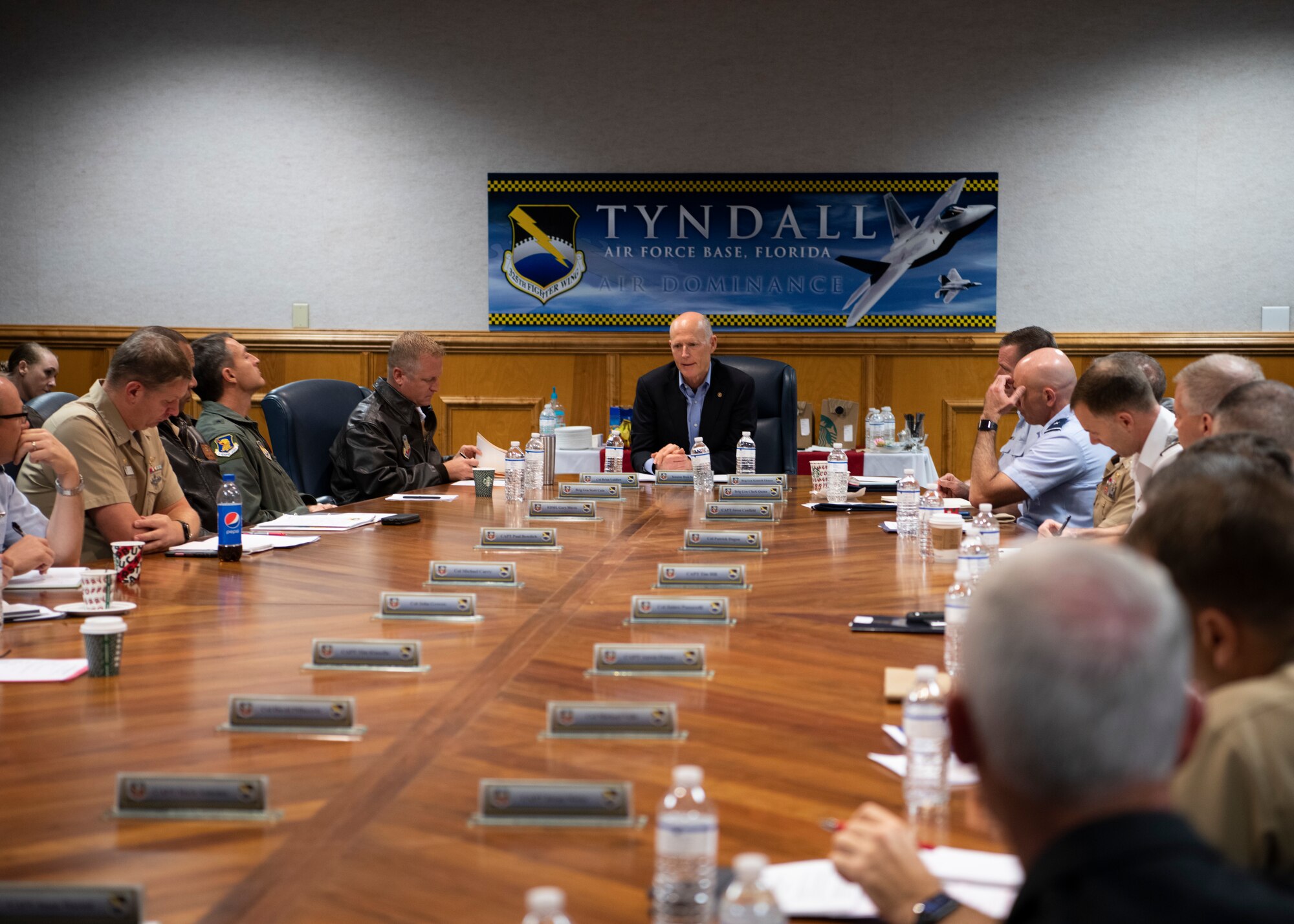 Florida Sen. Rick Scott speaks to local military leaders at Tyndall Air Force Base, Florida, Nov. 15, 2019. Scott discussed the importance of natural disaster preparedness and what military families still need from the base. (U.S. Air Force photo by Senior Airman Cheyenne Larkin)