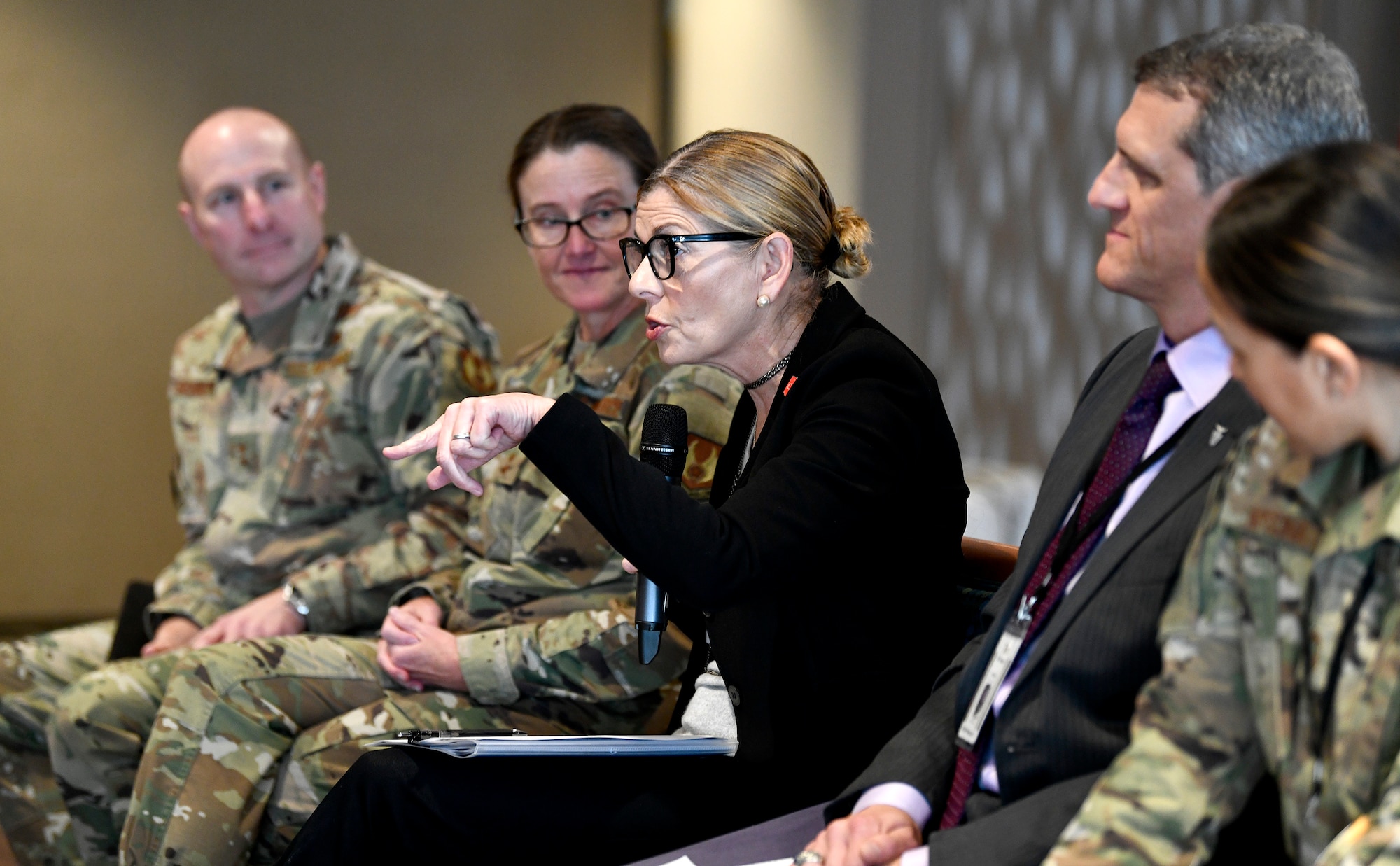 Air Force Materiel Command Command leaders participate in a panel focused on Leading with Diversity and Inclusion during the inaugural Air Force Materiel Command Women's Leadership Symposium, Nov. 13. The two-day event drew more than 250 attendees from across the command, with keynote speakers, issue-focused panels and collaborative networking discussions designed to empower women to help foster workplace environments that embrace diversity and promote leadership growth throughout the organization.