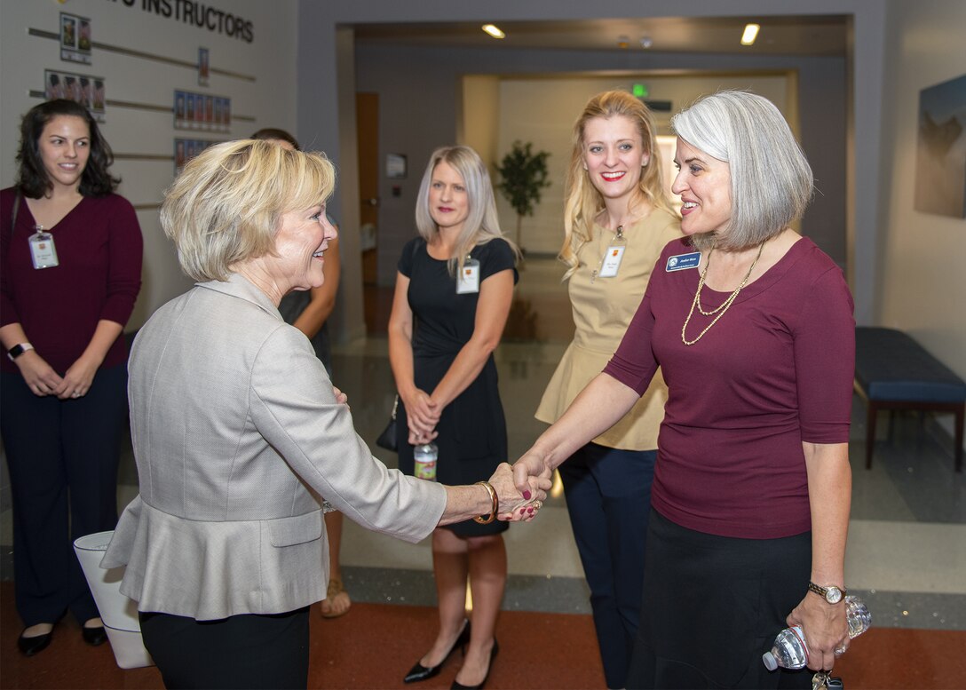 Dawn Goldfien, wife of Air Force Chief of Staff Gen. David L. Goldfein, meets key spouses from the 56th Fighter Wing, Nov. 8, 2019, at Luke AFB, Ariz.