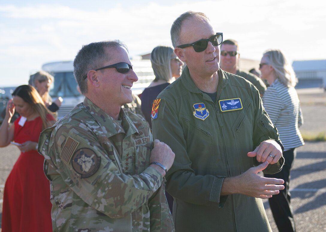 Air Force Chief of Staff Gen. David L. Goldfein and Brig. Gen. Todd D. Canterbury, 56th Fighter Wing commander, watch an F-35A Lightning II Demonstration Team practice Nov. 8, 2019, at Luke Air Force Base, Ariz.