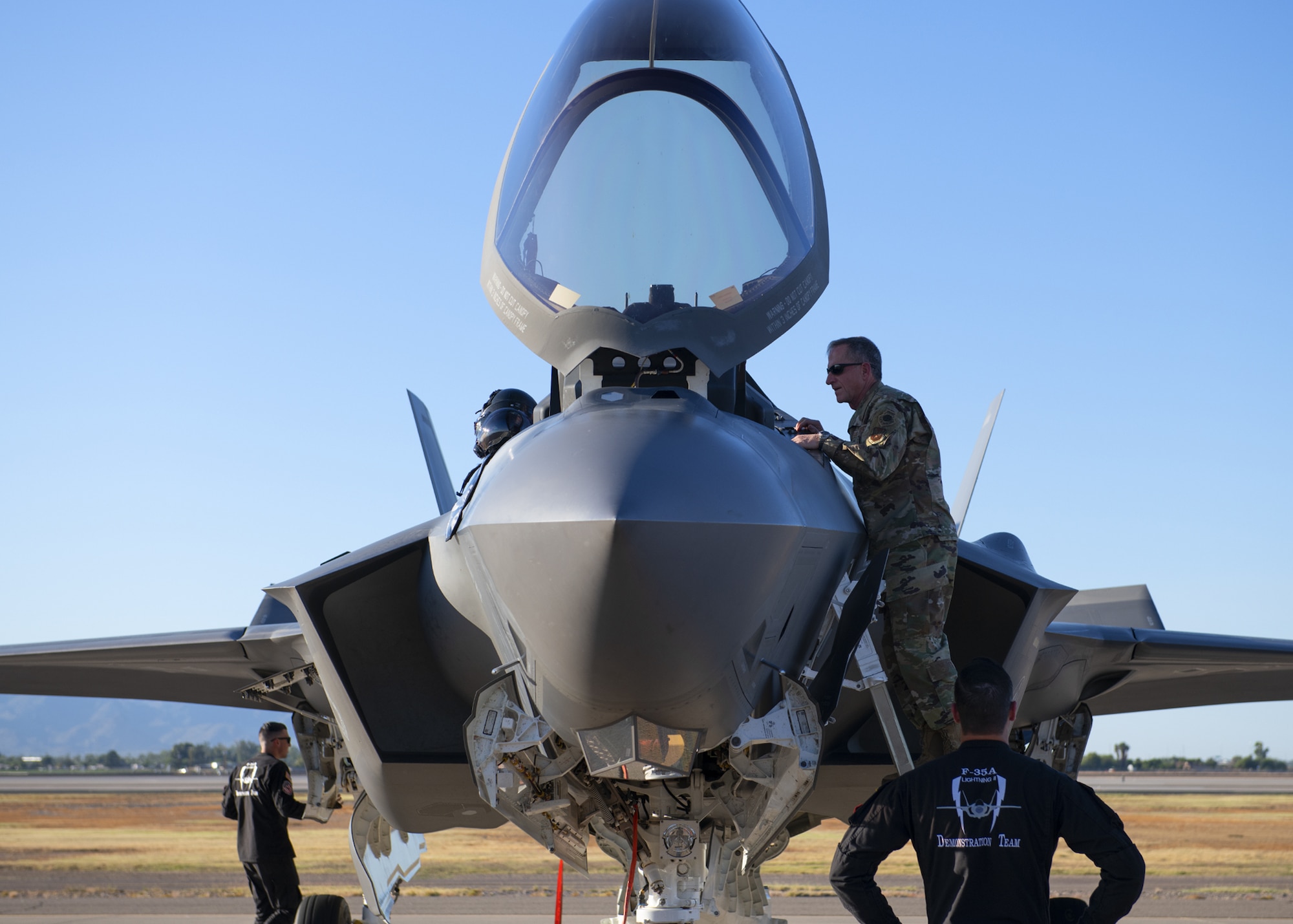 Air Force Chief of Staff Gen. David L. Goldfein looks inside an F-35A Lightning II cockpit following an F-35 Demonstration Team practice, Nov. 8, 2019, at Luke Air Force Base, Ariz.