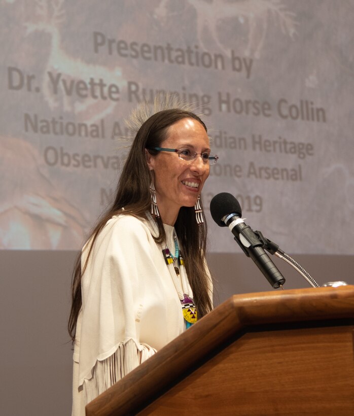 Dr. Yvette Running Horse Collin, co-founder of Sacred Way Sanctuary, delivers a keynote address during the National American Indian Heritage Month observance at Redstone Arsenal, Alabama, Nov. 13, 2019. The observance was organized by Huntsville Center’s Equal Employment Opportunity office in coordination with Team Redstone and the U.S. Army Aviation and Missile Command. Sacred Way Sanctuary is an education and research facility in Florence, Alabama, dedicated to preserving the Native American horse and other animals sacred to indigenous peoples of the Americas.