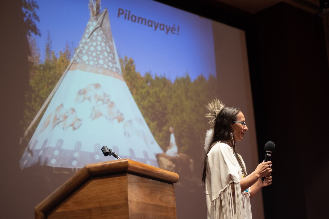 Dr. Yvette Running Horse Collin, co-founder of Sacred Way Sanctuary, tells the audience Pilamayaye (“thank you” in Lakota) after her keynote address during the National American Indian Heritage Month observance at Redstone Arsenal, Alabama, Nov. 13, 2019. The observance was organized by Huntsville Center’s Equal Employment Opportunity office in coordination with Team Redstone and the U.S. Army Aviation and Missile Command. Sacred Way Sanctuary is an education and research facility in Florence, Alabama, dedicated to preserving the Native American horse and other animals sacred to indigenous peoples of the Americas.