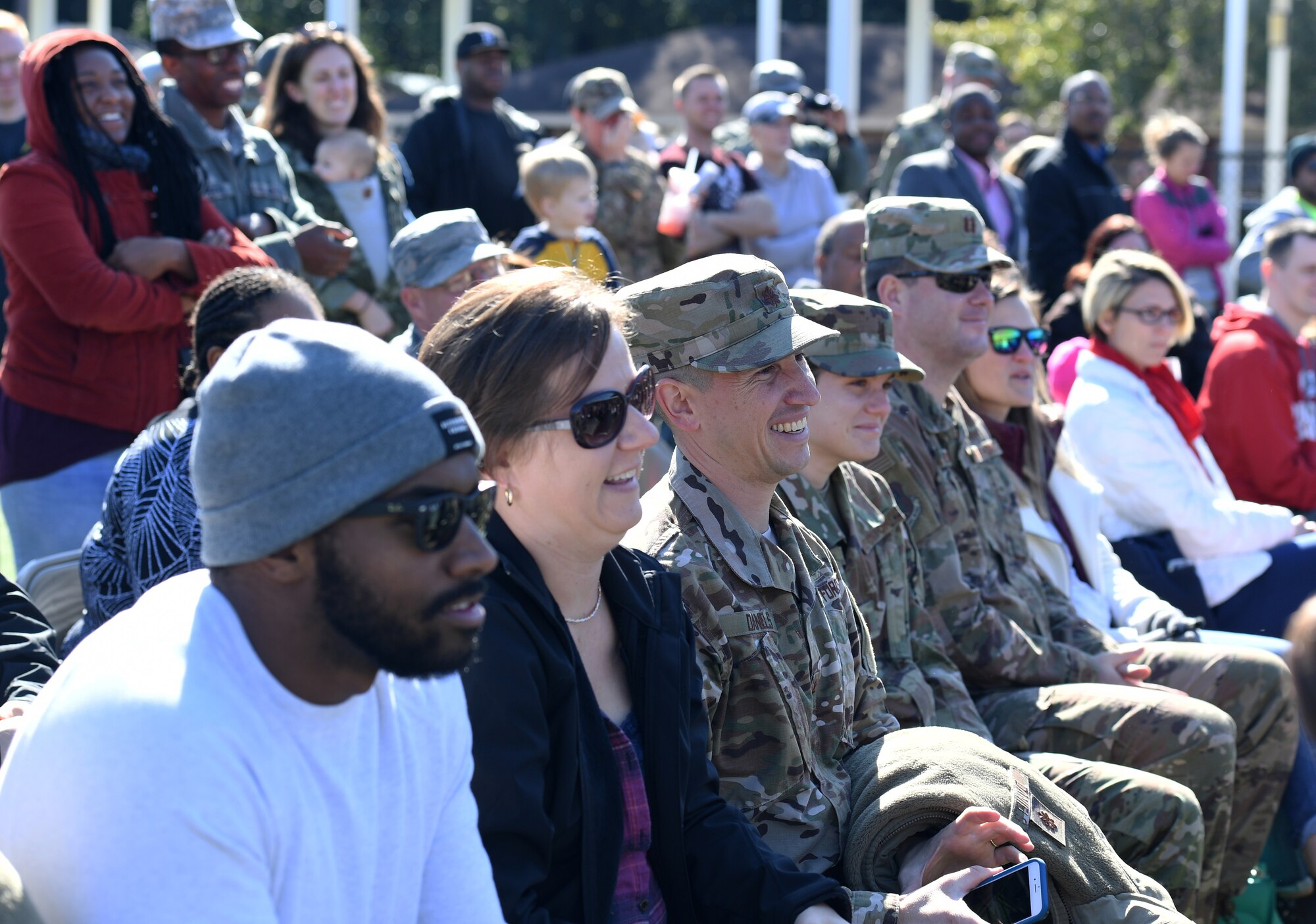Keesler Air Force Base personnel and family members attend the Jeff Davis Elementary School Veterans Day celebration in Biloxi, Mississippi, Nov. 15, 2019. During the event, students also recited the Pledge of Allegiance. Keesler Air Force Base leadership and base personnel attended the event. (U.S. Air Force photo by Kemberly Groue)