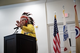 Chief Matthew Black Eagle Man talks to the audience during the Fort Knox National American Indian Heritage Month Observance held at Saber and Quill on Fort Knox, Ky. on Nov. 15, 2019.