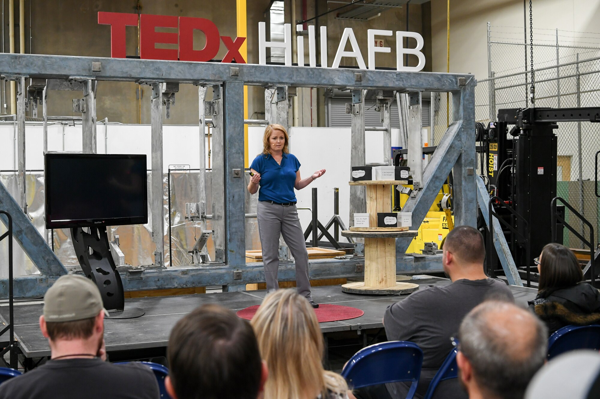 T.L. Coulter, career readiness consultant for 75th Force Support Squadron, speaks at the TEDx salon event held at Hill Air Force Base, Utah, Oct. 17, 2019. Her talk was about shelving negative thoughts for positive ones and how not to create self-limiting beliefs. (U.S. Air Force photo by Cynthia Griggs)