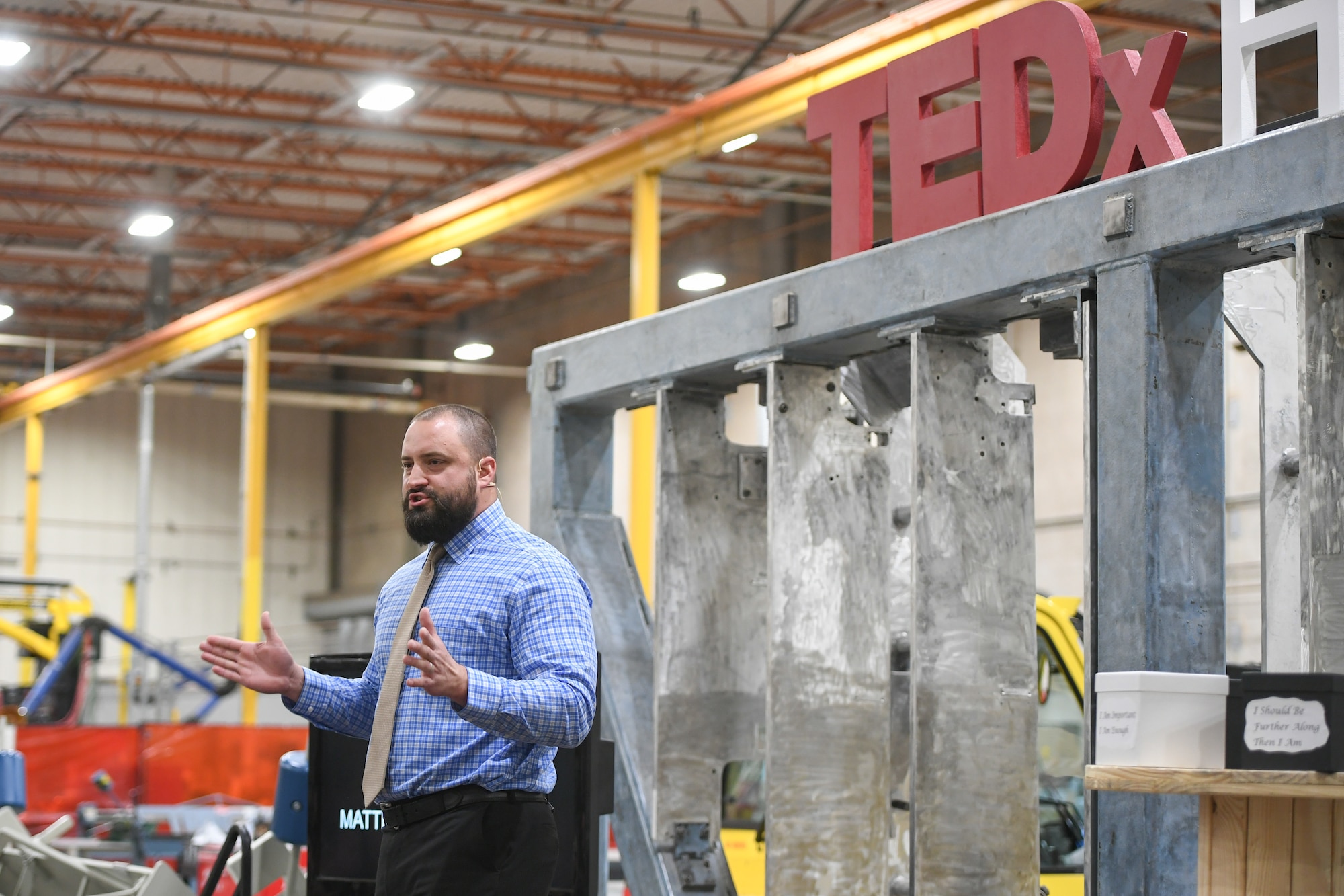 Matt Posey, security chief for Ground Based Strategic Deterrent, speaks at the TEDx salon event held at Hill Air Force Base, Utah, Oct. 17, 2019. Posey's talk urged civil servants to strive for excellence and to give more than expected. (U.S. Air Force photo by Cynthia Griggs)