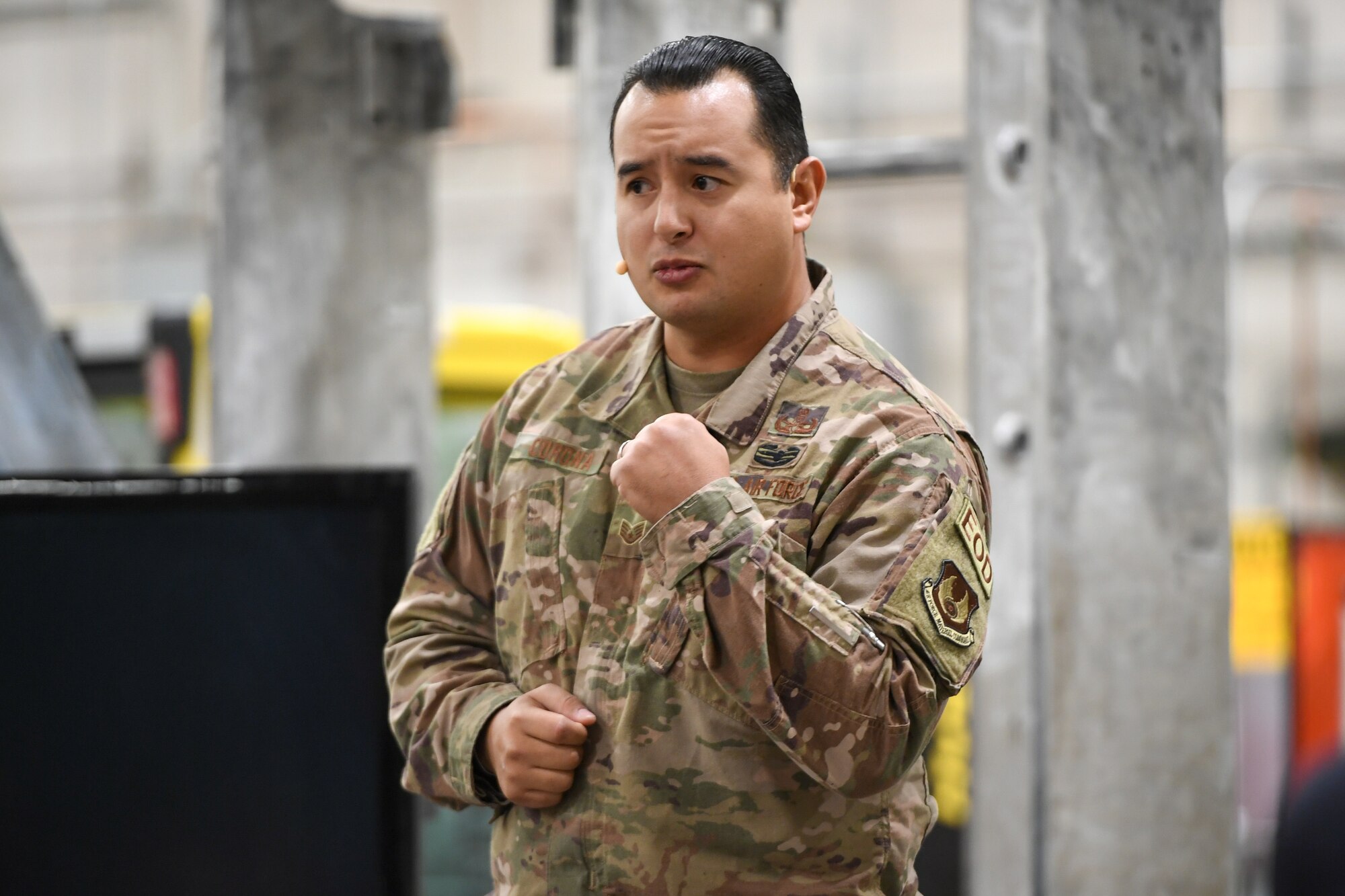 Staff Sgt. Guadalupe Corona, 775th Civil Engineer Squadron Explosive Ordnance Disposal Flight, speaks at the TEDx salon event held at Hill Air Force Base, Utah, Oct. 17, 2019. Corona relayed his challenging experiences as an EOD technician and how he knew when to take ownership of his mental wellness breaking the mold and the stigma. (U.S. Air Force photo by Cynthia Griggs)