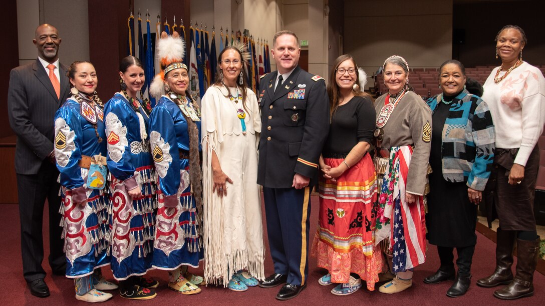 Special guests, participants and organizers stand together for a photo after the National American Indian Heritage Month observance at Redstone Arsenal, Alabama, Nov. 13, 2019. The observance was organized by Huntsville Center’s Equal Employment Opportunity office in coordination with Team Redstone and the U.S. Army Aviation and Missile Command.