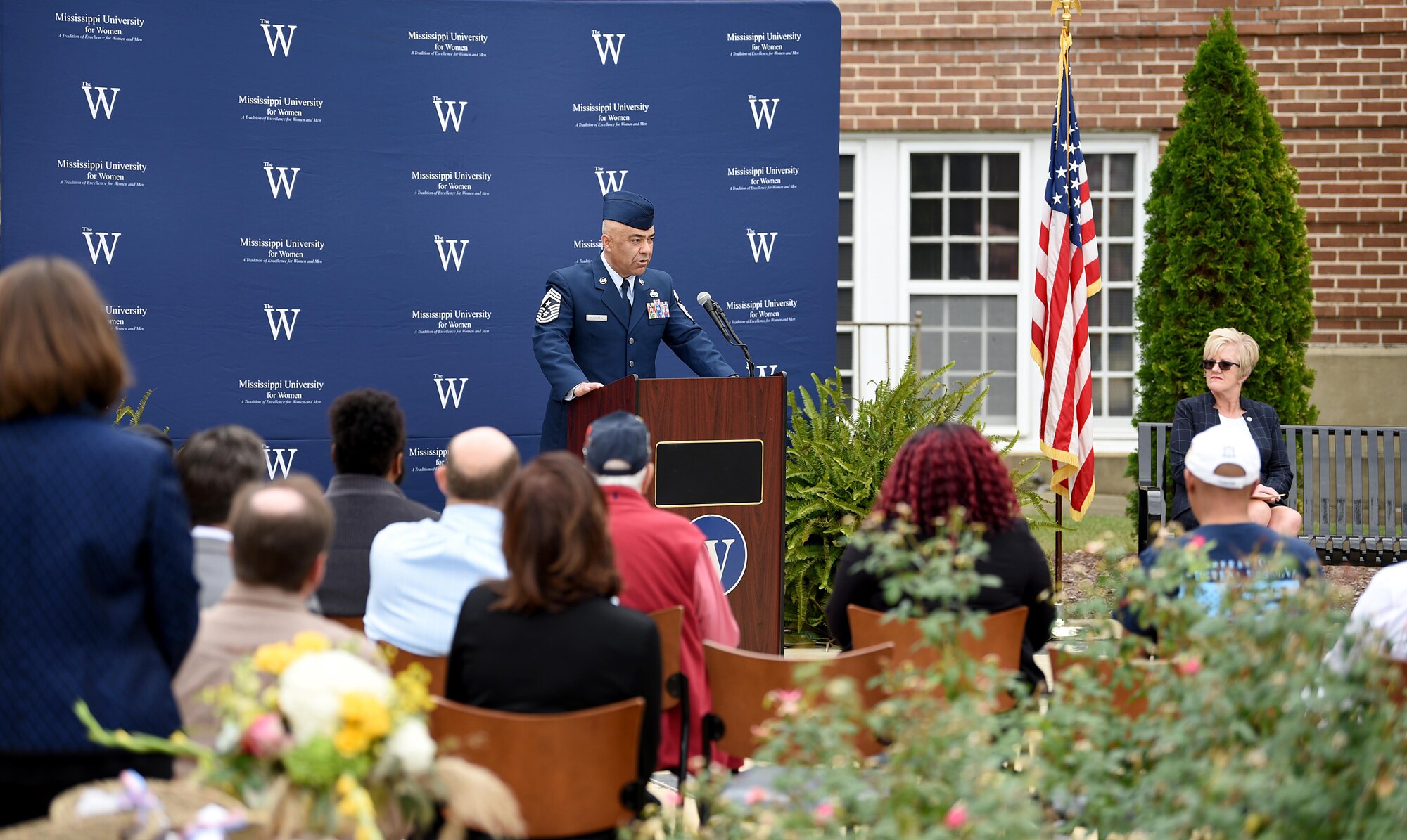 Chief Master Sgt. Raul Villarreal Jr., 14th Flying Training Wing command chief, speaks during a Veterans Day event Nov. 11, 2019, at the Mississippi University for Women. Villarreal spoke at the university to on Veteran’s Day, strengthening the communities understanding on what service means to the 14th FTW. (U.S. Air Force photo by Senior Airman Keith Holcomb)