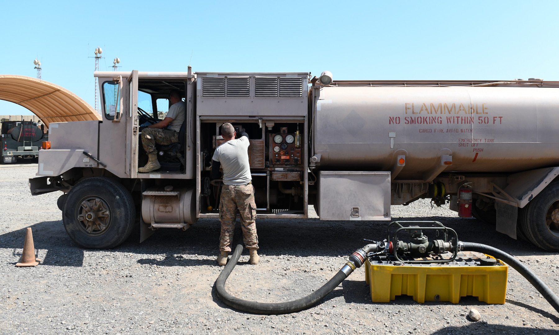 U.S. Air Force Tech. Sgt. James Hopper, left, 726th Expeditionary Air Base Squadron Vehicle Maintenance flight chief, and Staff Sgt. Jared Agey, 726th EABS Vehicle Maintenance NCO in-charge, perform a meter calibration on an R11 refueling truck at Chabelley Airfield, Djibouti, Nov. 8, 2019. Along with refuelers, the 726th EABS Vehicle Maintenance team members sustain a fleet of passenger vehicles, forklifts, ambulances, cranes and many other types of equipment. (U.S. Air Force photo by Staff Sgt. Alex Fox Echols III)