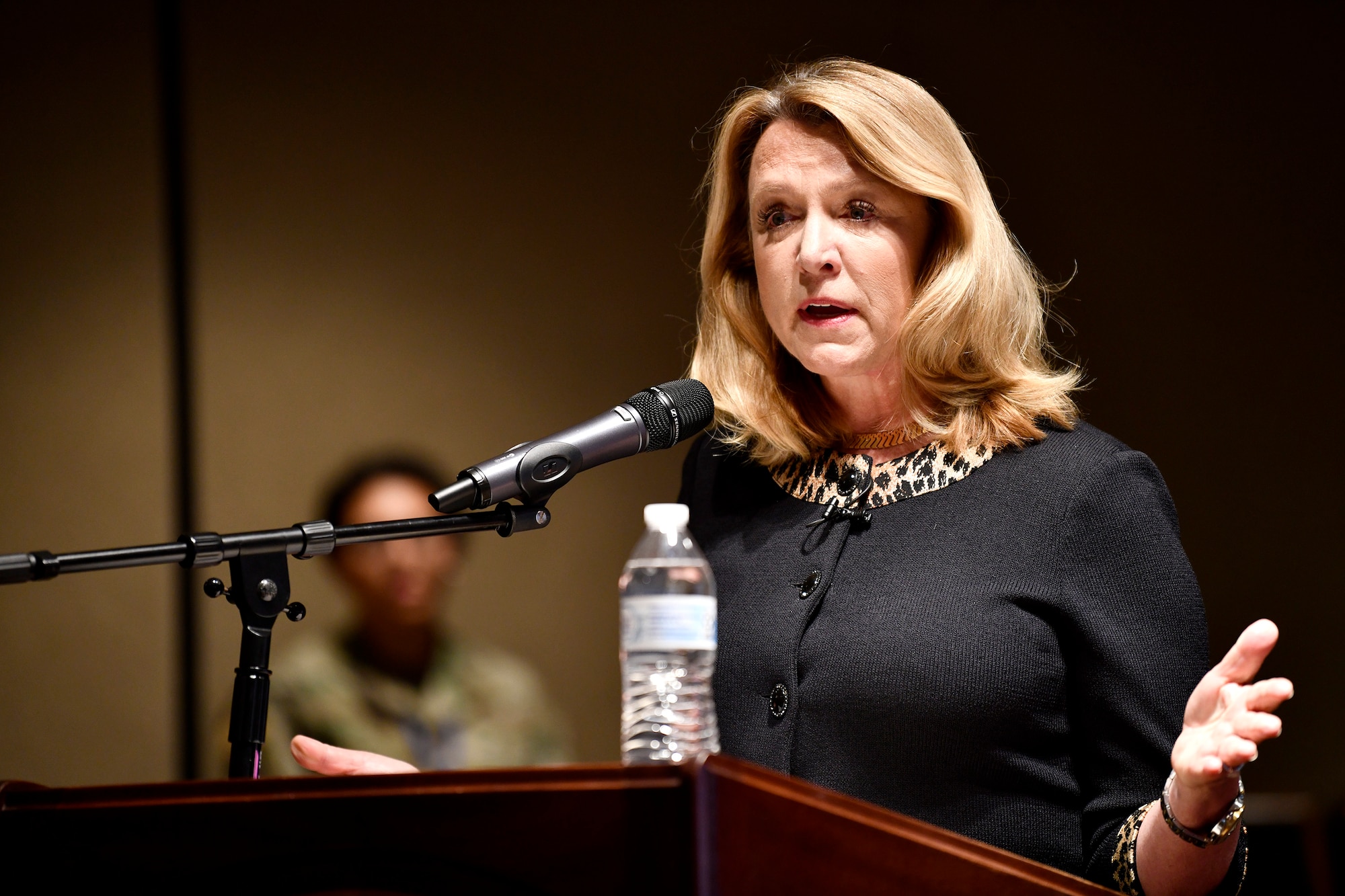 The 23rd Secretary of the Air Force, Deborah Lee James, discusses personal growth and success for female leaders during a keynote address at the inaugural Air Force Materiel Command Women's Leadership Symposium, Nov. 13.