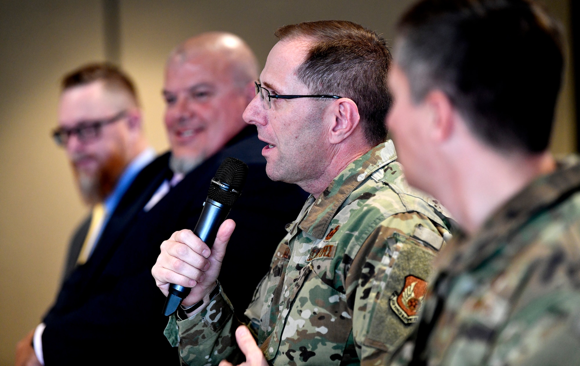 Chief Master Sgt. Stanley Cadell (center) provides his thoughts on barriers to communications during a panel at  the inaugural Air Force Materiel Command Women's Leadership Symposium, Nov. 13. The two-day event drew more than 250 attendees from across the command, with keynote speakers, issue-focused panels and collaborative networking discussions designed to empower women to help foster workplace environments that embrace diversity and promote leadership growth throughout the organization.