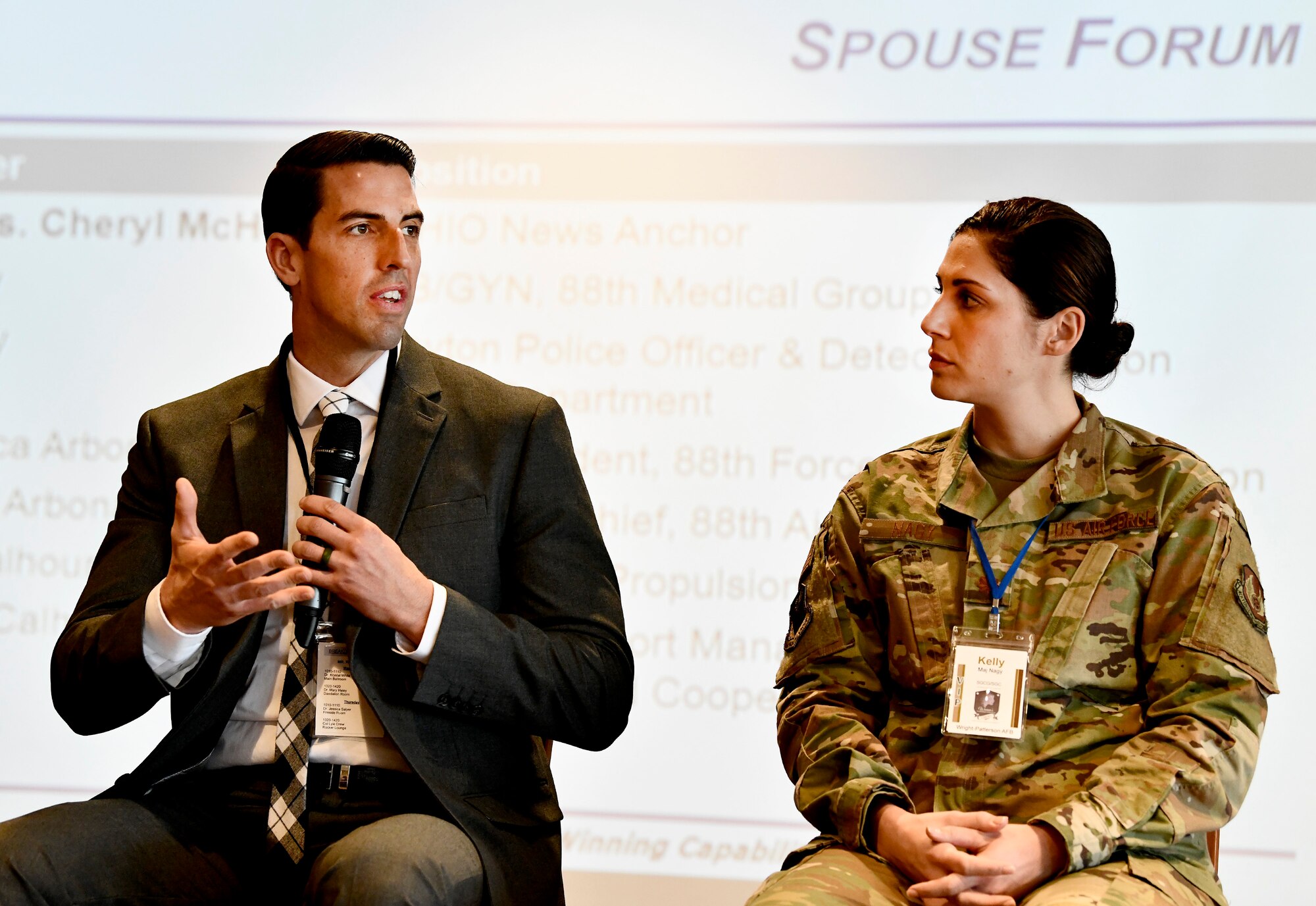 Maj. Kelly Nagy and her spouse, Ross Nagy participate in a spouse forum during the inaugural Air Force Materiel Command Women's Leadership Symposium, Nov. 13-14. The two-day event drew more than 250 attendees from across the command, with keynote speakers, issue-focused panels and collaborative networking discussions designed to empower women to help foster workplace environments that embrace diversity and promote leadership growth throughout the organization.