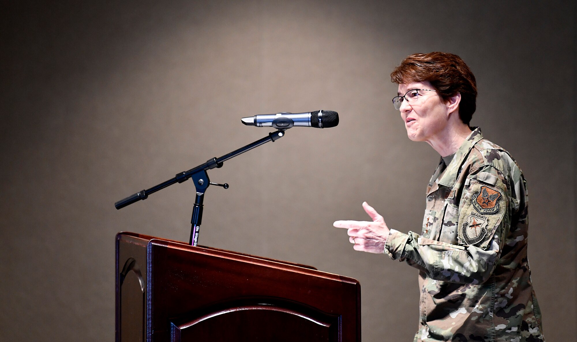 Lt. Gen. Jacqueline Van Ovost, Director of Staff, Headquarters Air Force, provides remarks during the inaugural Air Force Materiel Command Women's Leadership Symposium, Nov. 13-14. The two-day event drew more than 250 attendees from across the command, with keynote speakers, issue-focused panels and collaborative networking discussions designed to empower women to help foster workplace environments that embrace diversity and promote leadership growth throughout the organization.