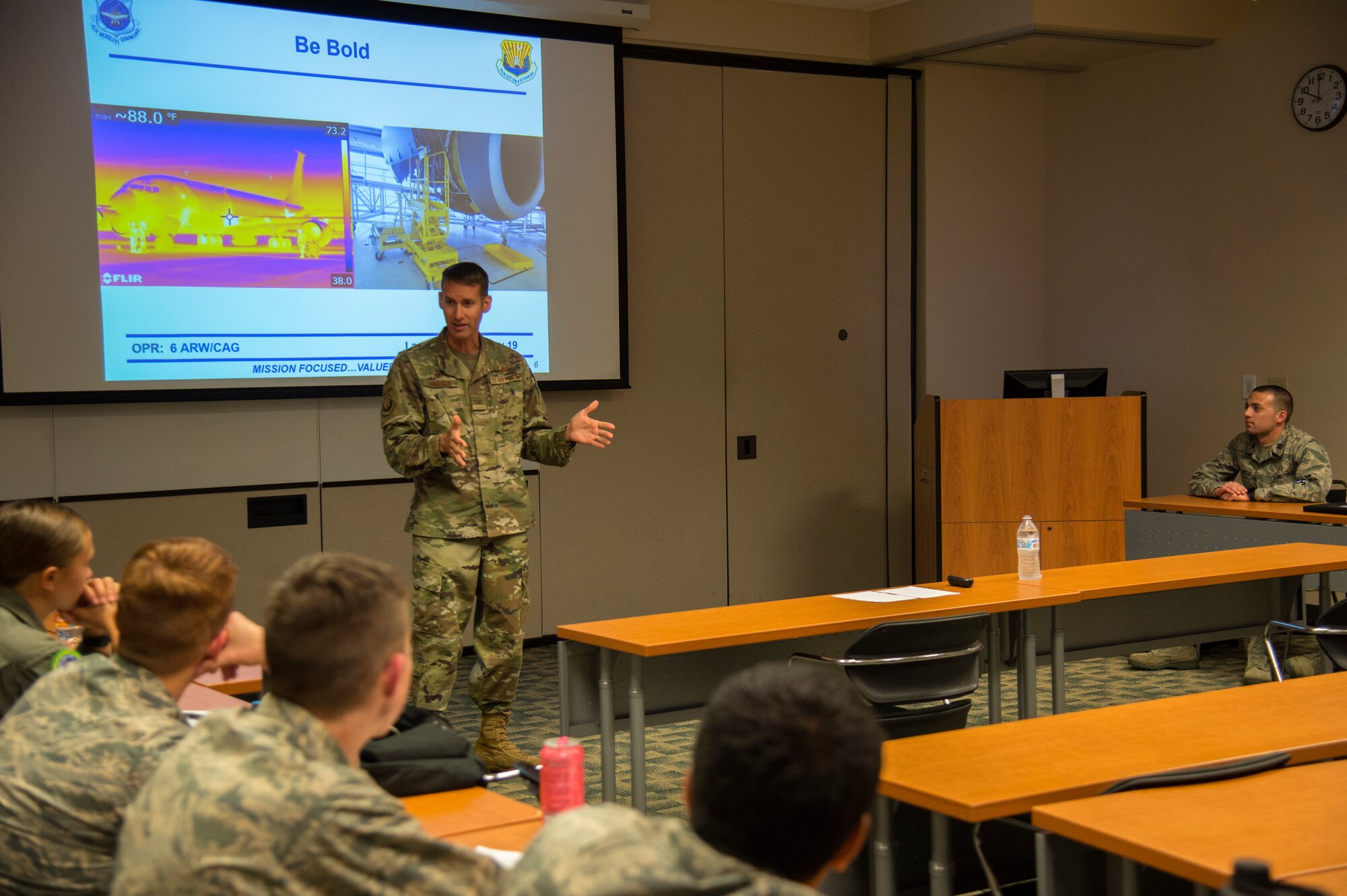 U.S. Air Force Col. Steve Snelson, the 6th Air Refueling Wing commander, speaks to Air Force Reserve Officer Training Corps (ROTC) cadets from the 158th Cadet Wing at the University of South Florida, Nov. 12, 2019. Snelson spoke about his experience in the ROTC, and what it takes to be a commissioned officer in the U.S. Air Force.
