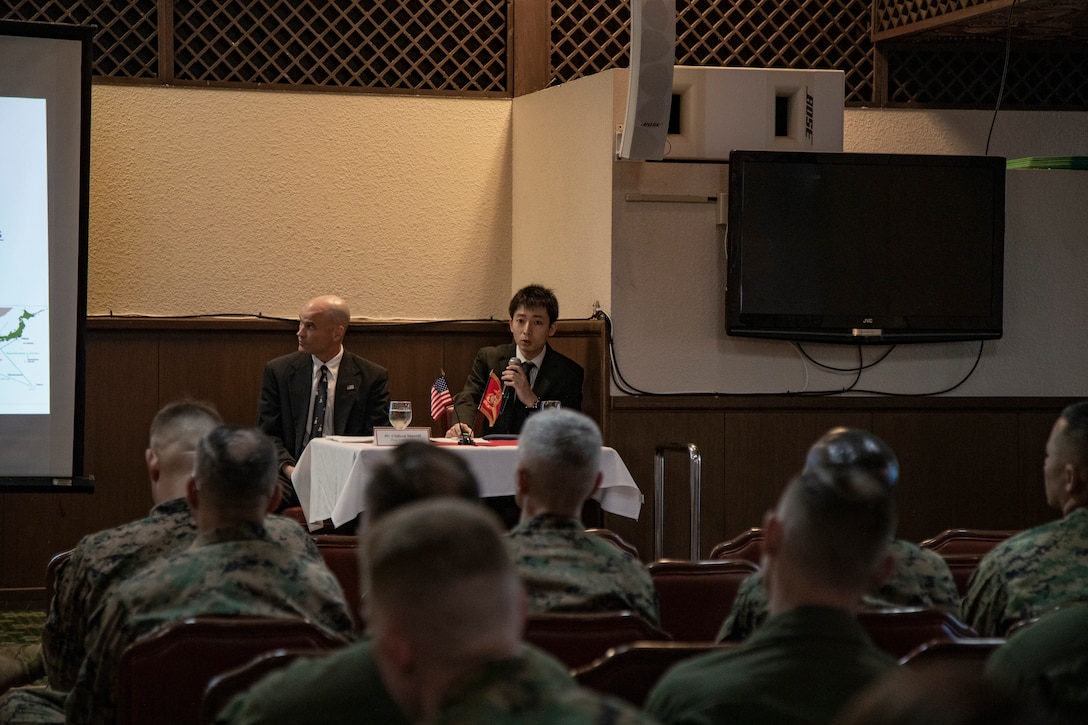 Senior Marine Corps leaders participated in a cultural awareness presentation on Marine Corps Air Station Futenma, Okinawa, Japan, Nov. 13,

2019. The presentation gave an opportunity for the leaders to have discussions with Japanese and U.S. subject matter experts specializing in

Asian and Security Affairs. The topics discussed included: Japanese National Security Policy, the Japan - U.S. alliance, joint use of military facilities

in Okinawa, understanding the regional threat, United States Forces Japan and the current status of forces issues.
