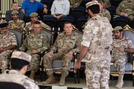 Qatari Emiri Land Force and U.S. military leadership receive the mission brief for Eastern Action, Oct. 31, 2019. U.S. Army Col. Steve Fabiano, the Area Support Group - Qatar commander, left center, looks at terrain map, as Brig. Gen. Steven T. King, a Task Force Spartan deputy commanding general, 38th Infantry Division, Indiana National Guard, listens to the brief.