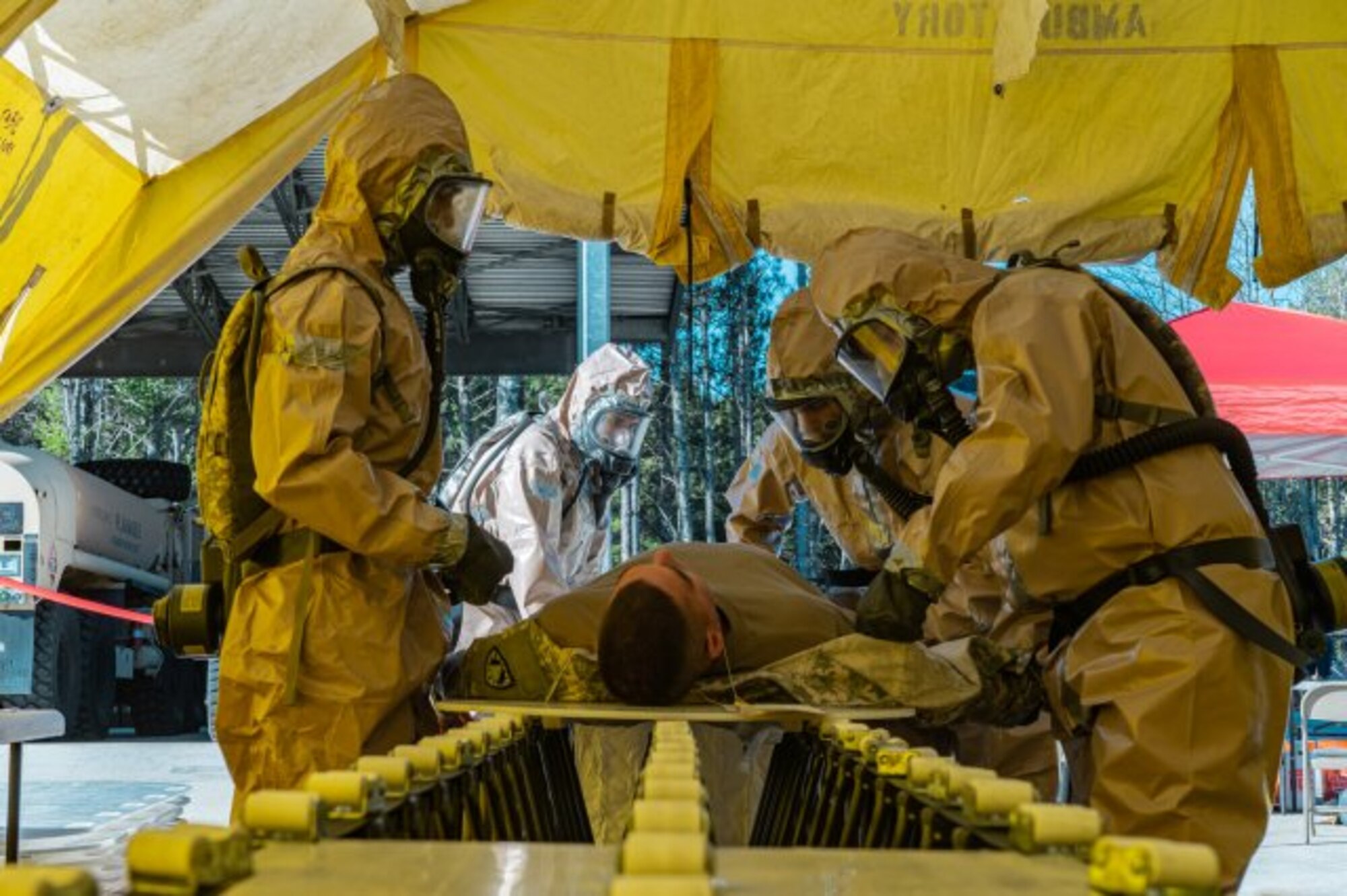 A decontamination team with the New England CERFP practices decontamination of a simulated casualty during their Nov. 5-7 training in Brunswick, Maine. (Photo Credit: Spc. Darin Douin)