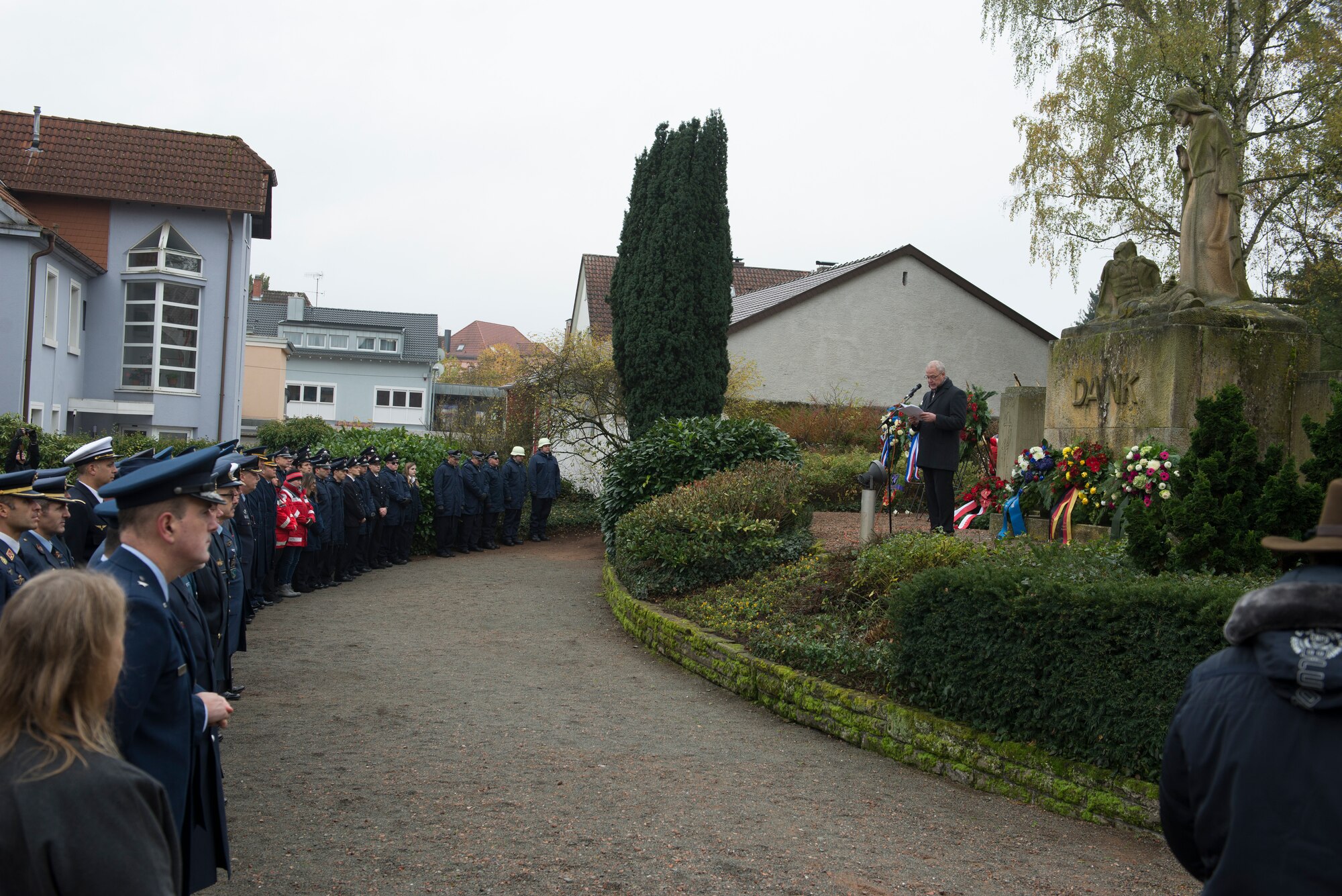 Ralf Hechler, Ramstein-Miesenbach mayor, speaks to various citizens and NATO representatives during the town's annual National Day of Mourning Ceremony, Nov. 17, 2019. The National Day of Mourning is a German holiday where citizens mourn victims of war. THe National Day of Mourning has been around since 1922. The day was dedicated to the victims of World War I. The National Day of Mourning is categorized as a silent day (Stiller Tag).
