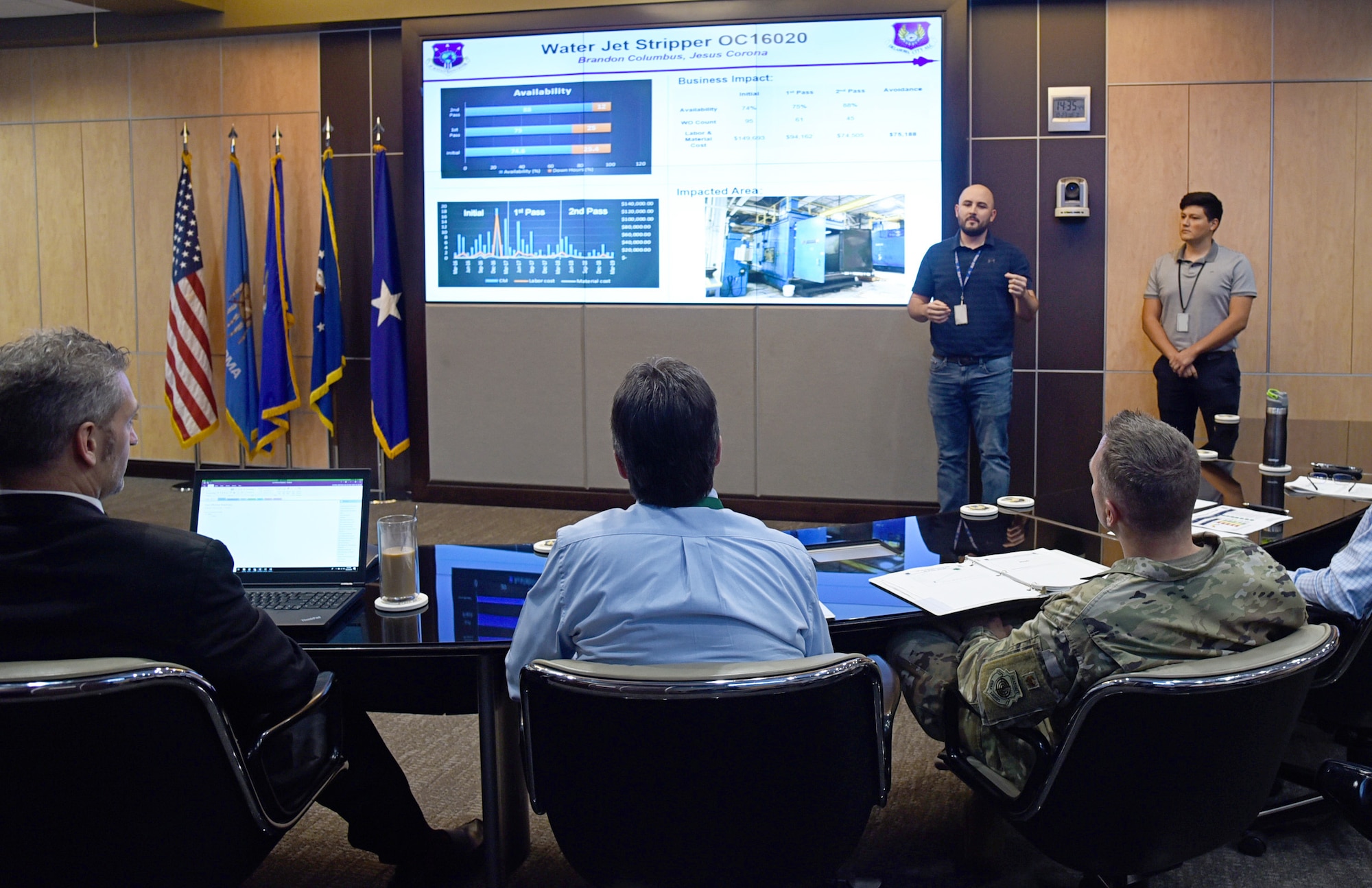 An image of a briefing from the 76th Maintenance Support Group, explaining the impact of a water jet stripper and how it contributes to cost effective readiness