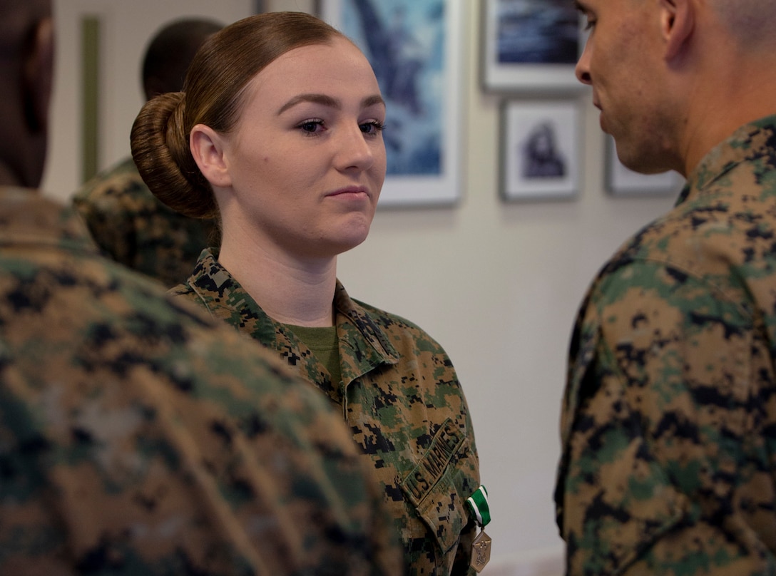 Three Marines receive The Navy & Marine Corps Commendation Medal Wednesday, November 13, 2019. NCM is a decoration presented by the United States Department of the Navy to service members of the U.S. Navy and Marine Corps who have performed an exceedingly heroic act, exceptional achievement, or commendable service that has not been recognized by a higher award