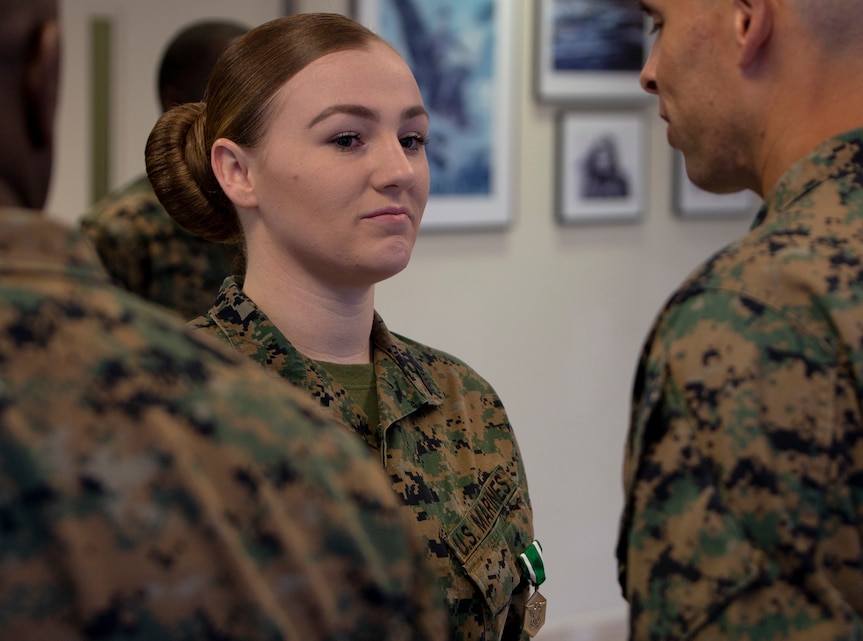 Three Marines receive The Navy & Marine Corps Commendation Medal Wednesday, November 13, 2019. NCM is a decoration presented by the United States Department of the Navy to service members of the U.S. Navy and Marine Corps who have performed an exceedingly heroic act, exceptional achievement, or commendable service that has not been recognized by a higher award