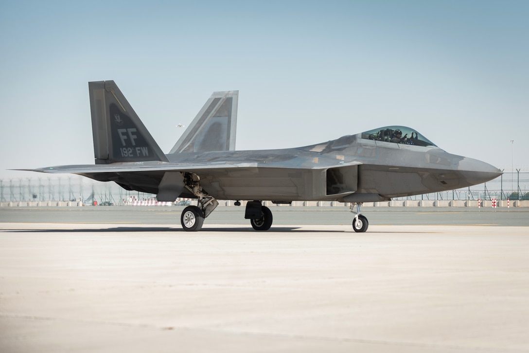 U.S. Air Force Lt. Col. Paul Lopez, F-22 Raptor Demonstration Team commander arrives at the Dubai Air Show, United Arab Emirates, Nov. 14, 2019. United States military participation in the DAS provides opportunity to strengthen our military-to-military relationships with regional partners. (U.S. Air Force photo by 2nd Lt. Sam Eckholm).