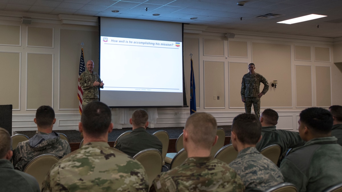 Col Derek O'Malley, 20th Fighter Wing commander, and Chief Master Sgt. Scott Cooley, 20th Fighter Wing command chief, spend time at each Welcome Weasel connecting with new Airmen here. Creating and sustaining a culture of kindness and respect starts on day one. (U.S. Air Force photo by Master Sgt. Araceli Donaldson)