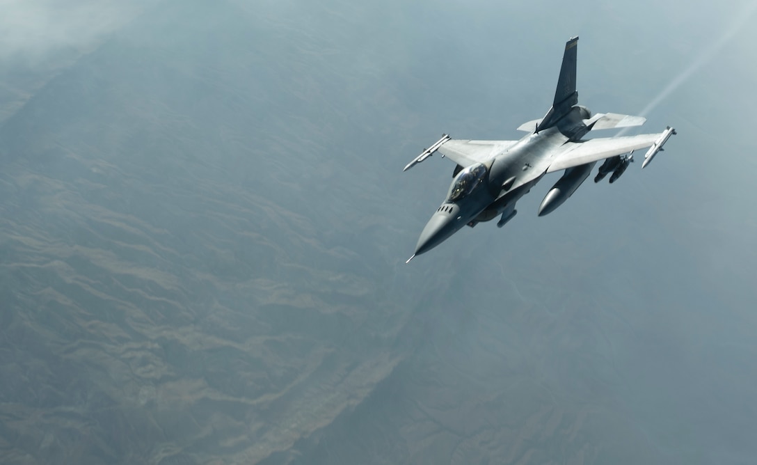 A U.S. Air Force F-16 Fighting Falcon aircraft assigned to the 79th Expeditionary Fighter Squadron breaks away from an aerial refueling over Afghanistan in support of Operation Freedom's Sentinel, Nov. 14, 2019. The 79th EFS maintains a constant presence in the U.S. Central Command area of responsibility, supporting U.S. and coalition aircraft and ground forces in various operations. (U.S. Air Force photo by Airman 1st Class Brandon Cribelar)