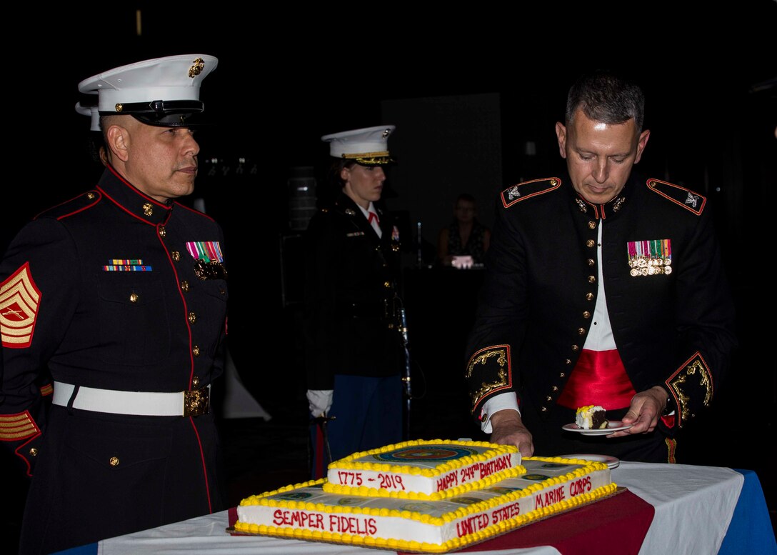 U.S. Marine Corps Colonel William C. Gray, commanding officer of 6th Marine Corps District, cuts the Marine Corps' birthday cake during the 6th Marine Corps District’s 244th Marine Corps Ball at the Hyatt Regency Savannah, Georgia, Nov. 15, 2019. The Marines, Sailors and their families celebrated the Marine Corps' Birthday to increase morale and foster camaraderie throughout the District. The District’s Headquarters supports the recruiting efforts within the Southeastern United States. (U.S. Marine Corps photo by Staff Sgt. Jesse R. Stence)
