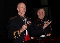U.S. Marine Corps Brigadier General James F. Glynn, commanding general of Eastern Recruiting Region and Marine Corps Recruit Depot Parris Island, speaks to attendees of the 6th Marine Corps District’s 244th Marine Corps Ball at the Hyatt Regency Savannah, Georgia, Nov. 15, 2019. The Marines, Sailors and their families celebrated the Marine Corps' Birthday to increase morale and foster camaraderie throughout the District. The District’s Headquarters supports the recruiting efforts within the Southeastern United States. (U.S. Marine Corps photo by Staff Sgt. Jesse R. Stence)