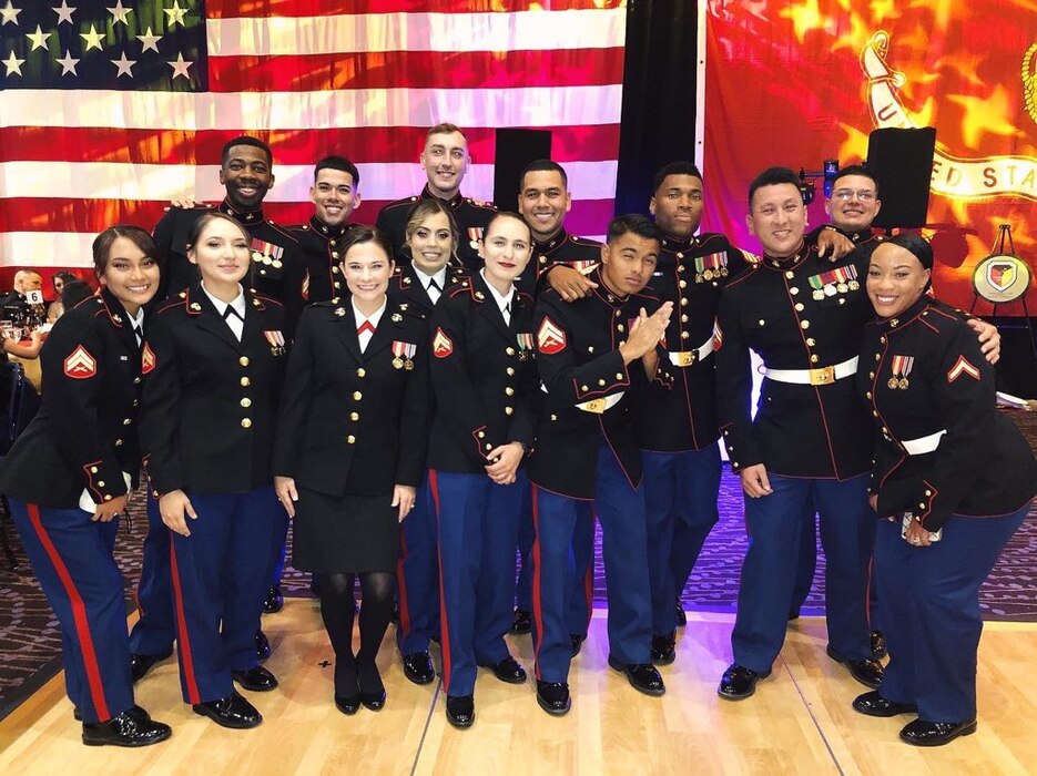 On 7 November 2019, Marines of 9th Communication Battalion celebrate the Marine Corps 244th Birthday at the Pala Casino & Resort. Marine Corps Ball Guest of Honor MajGen Crall enters the ballroom with Commanding Officer LtCol Stepp to conduct the Birthday Ball ceremony.
