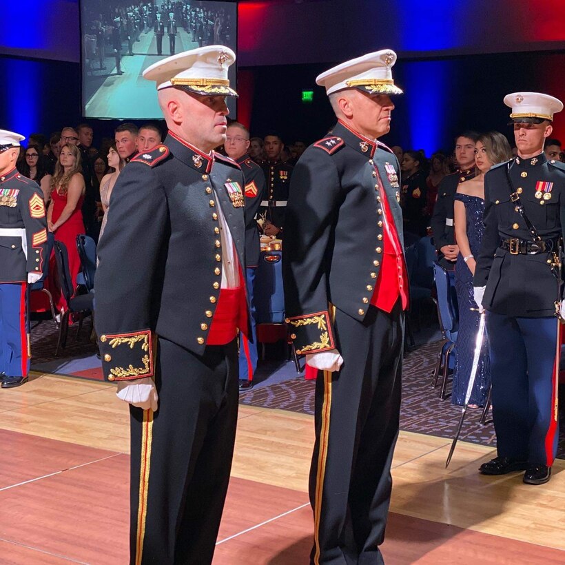 On 7 November 2019, Marines of 9th Communication Battalion celebrate the Marine Corps 244th Birthday at the Pala Casino & Resort. Marine Corps Ball Guest of Honor MajGen Crall enters the ballroom with Commanding Officer LtCol Stepp to conduct the Birthday Ball ceremony.