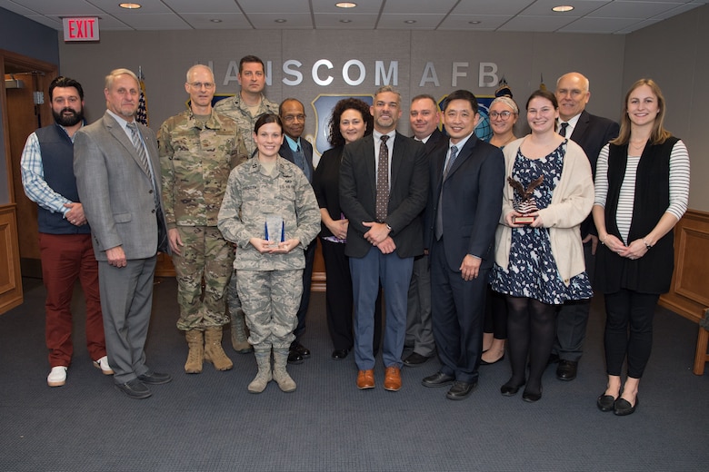 Col. Ryan Mantz, deputy program executive officer for Digital, poses for a picture with his directorate’s winners and nominees of the Air Force Life Cycle Management Center’s 2019 Acquisition Management Award’s after the ceremony, Hanscom Air Force Base, Mass., Nov. 14. All of Hanscom’s winners and nominees had won their categories at the local level before competing against their colleagues at this final level. (U.S. Air Force photo by Jerry Saslav)